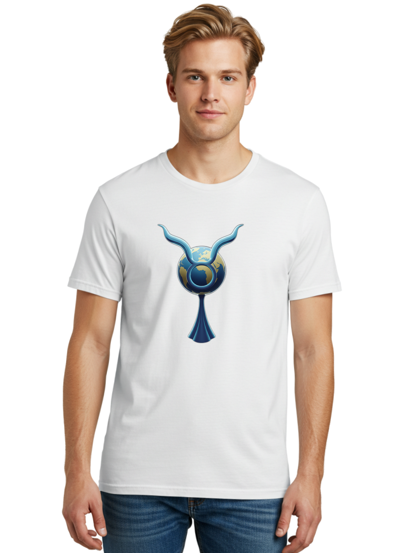 Taurus-1 Men'S Graphic Tee, 100% Cotton, Comfortable Casual Summer Wear, Machine Washable, Taurus Zodiac Sign, Astrological Symbol, Earthy Tone, Blue And Gold Globe, Flowing Design, Abstract Art, Horoscope, Horoscope Symbol, Astrology, Bae302