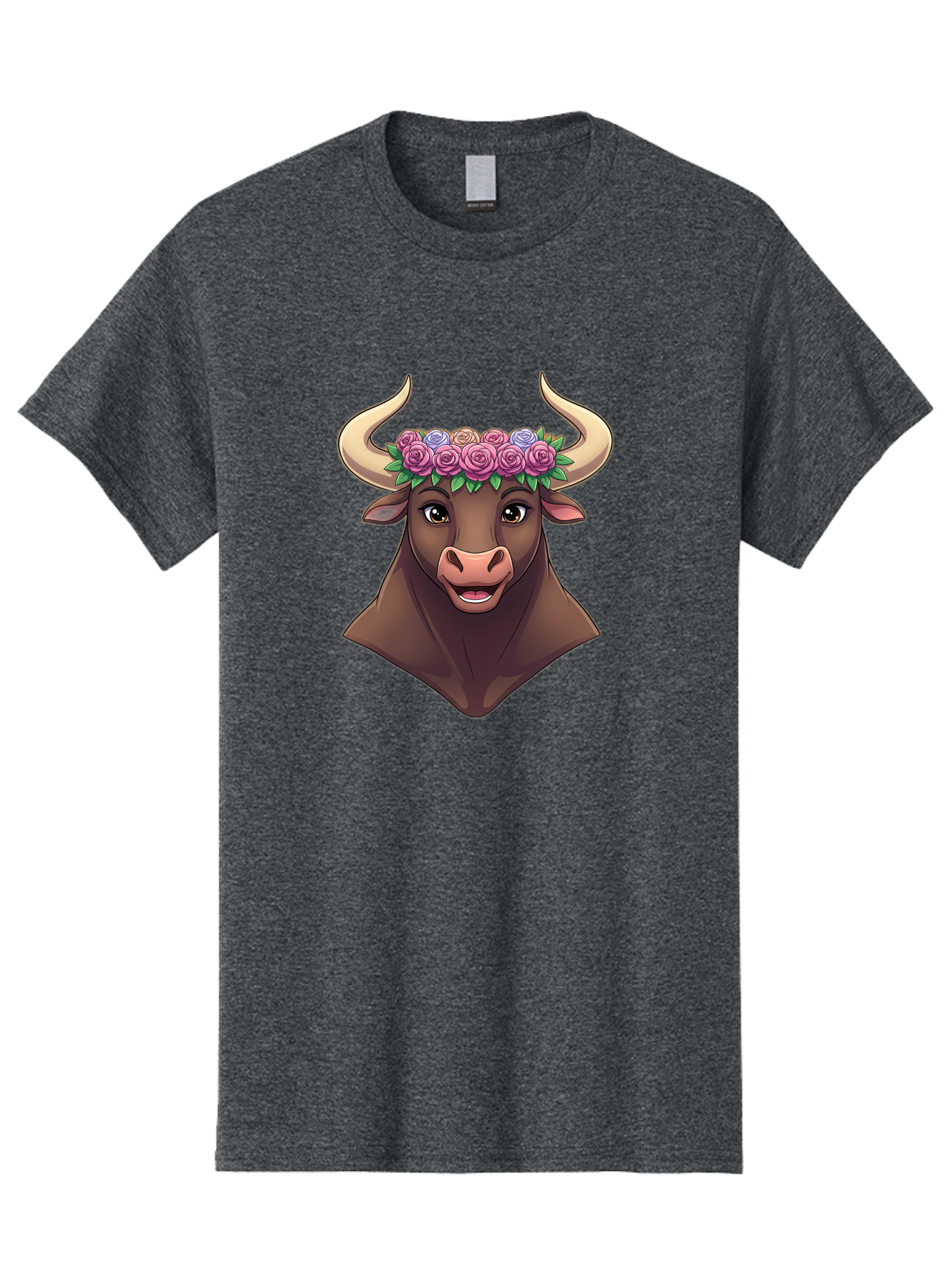 Taurus-Bull-Head Men'S Graphic Tee, 100% Cotton, Comfortable Casual Summer Wear, Machine Washable, Cartoon Bull, Floral Crown, Pink Roses, Purple Flowers, Happy Expression, Brown Cow, Large Horns, Whimsical Design, Illustration Art, Bae303