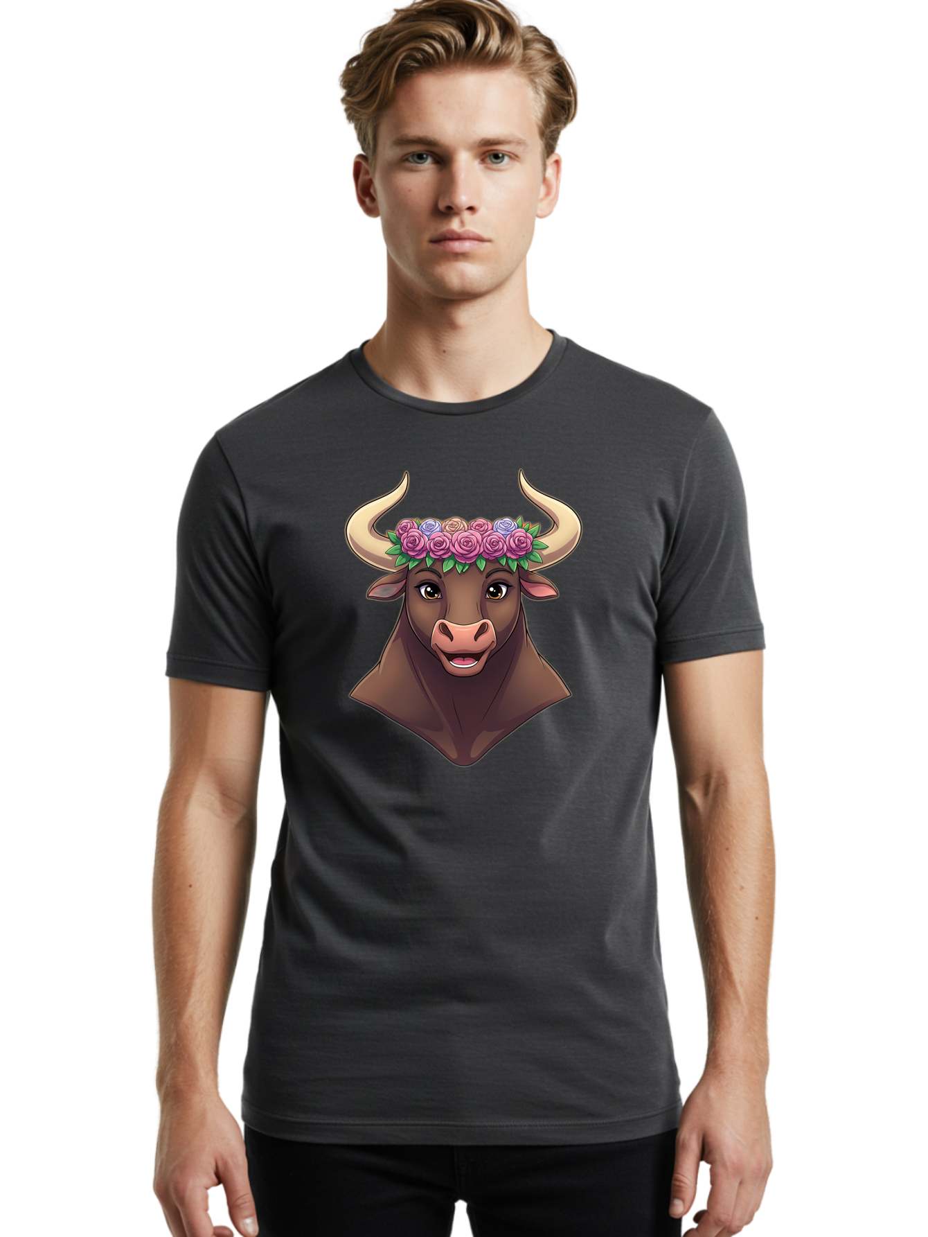 Taurus-Bull-Head Men'S Graphic Tee, 100% Cotton, Comfortable Casual Summer Wear, Machine Washable, Cartoon Bull, Floral Crown, Pink Roses, Purple Flowers, Happy Expression, Brown Cow, Large Horns, Whimsical Design, Illustration Art, Bae303