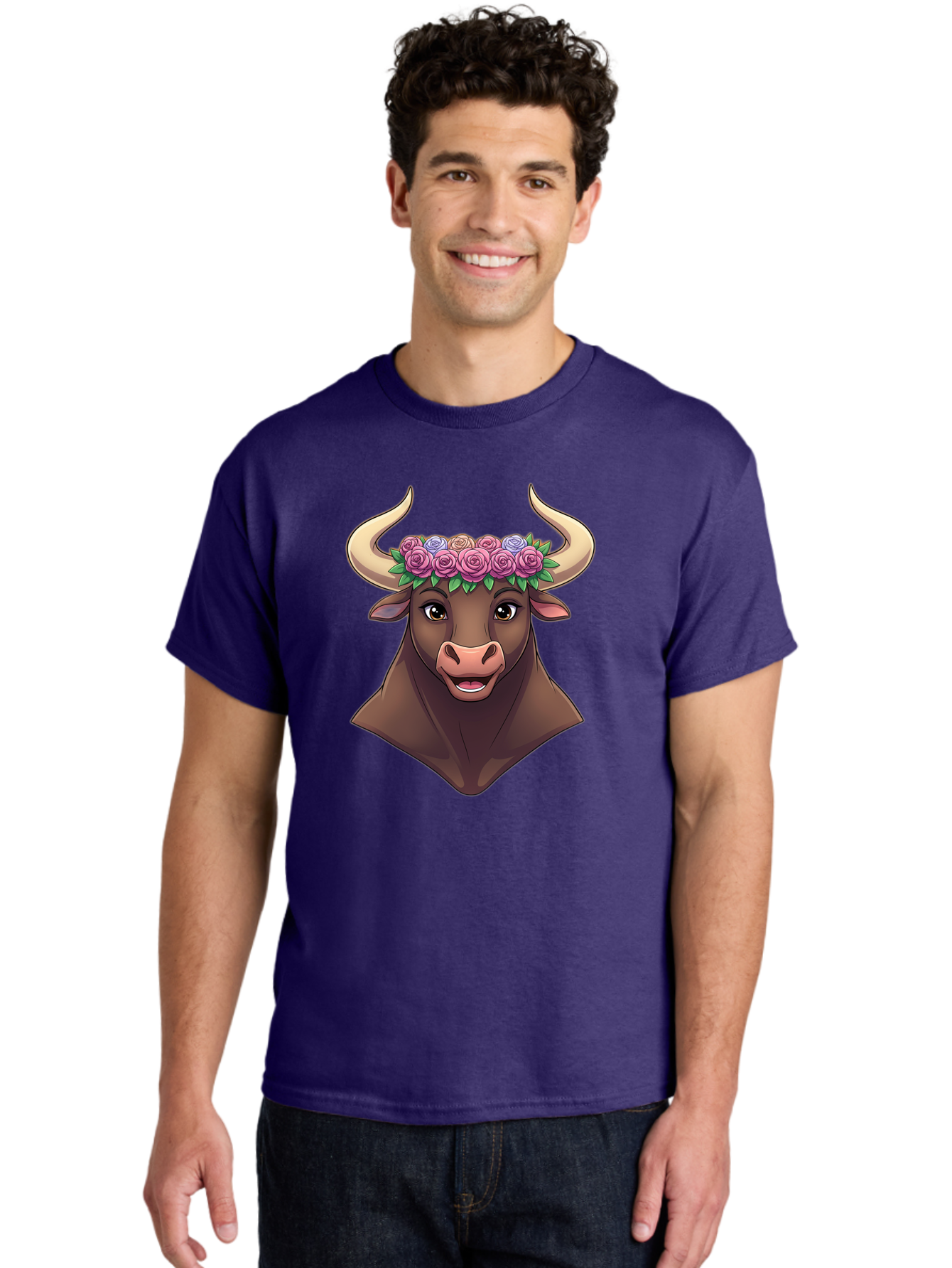 Taurus-Bull-Head Men'S Graphic Tee, 100% Cotton, Comfortable Casual Summer Wear, Machine Washable, Cartoon Bull, Floral Crown, Pink Roses, Purple Flowers, Happy Expression, Brown Cow, Large Horns, Whimsical Design, Illustration Art, Bae303