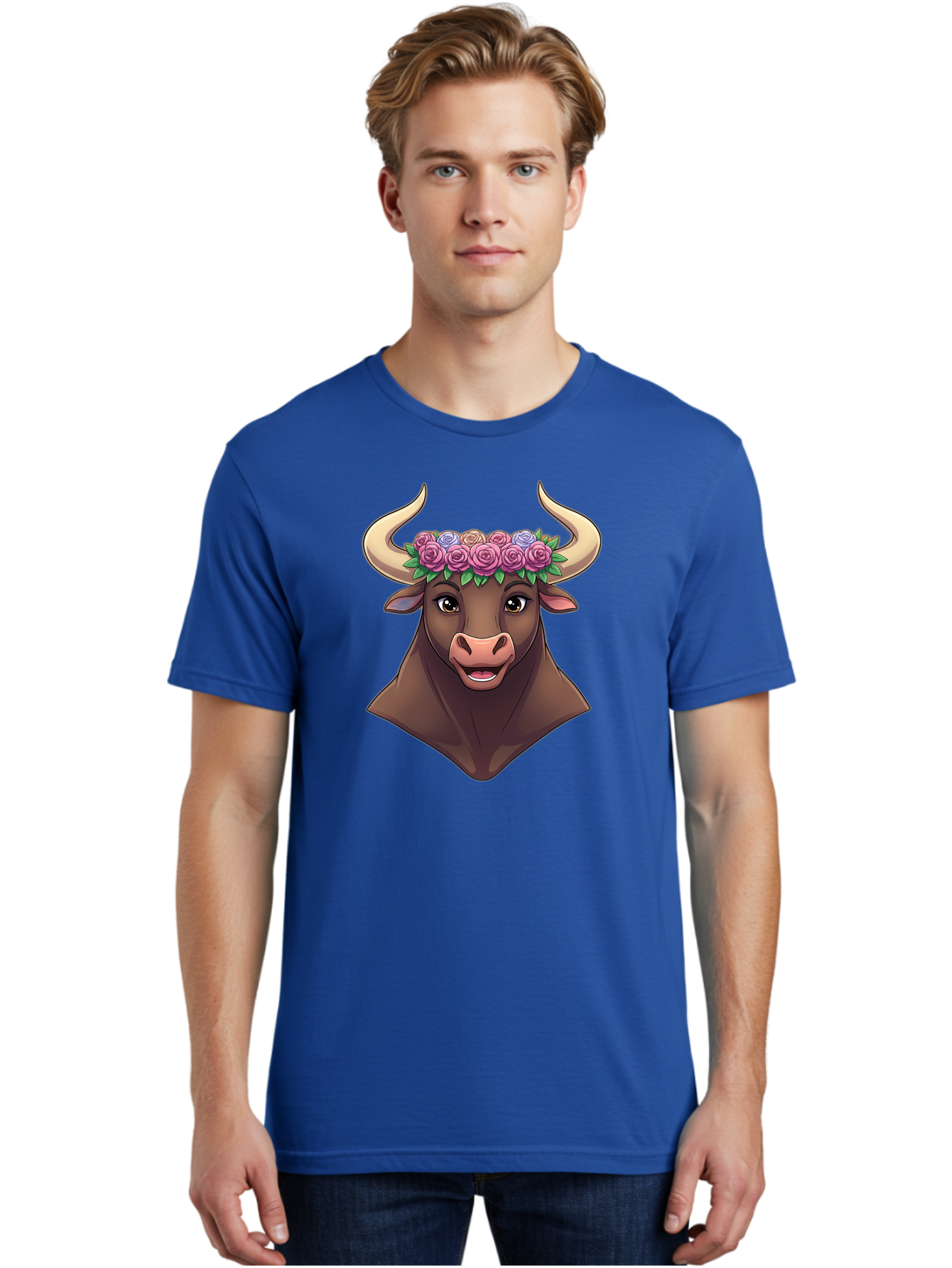 Taurus-Bull-Head Men'S Graphic Tee, 100% Cotton, Comfortable Casual Summer Wear, Machine Washable, Cartoon Bull, Floral Crown, Pink Roses, Purple Flowers, Happy Expression, Brown Cow, Large Horns, Whimsical Design, Illustration Art, Bae303