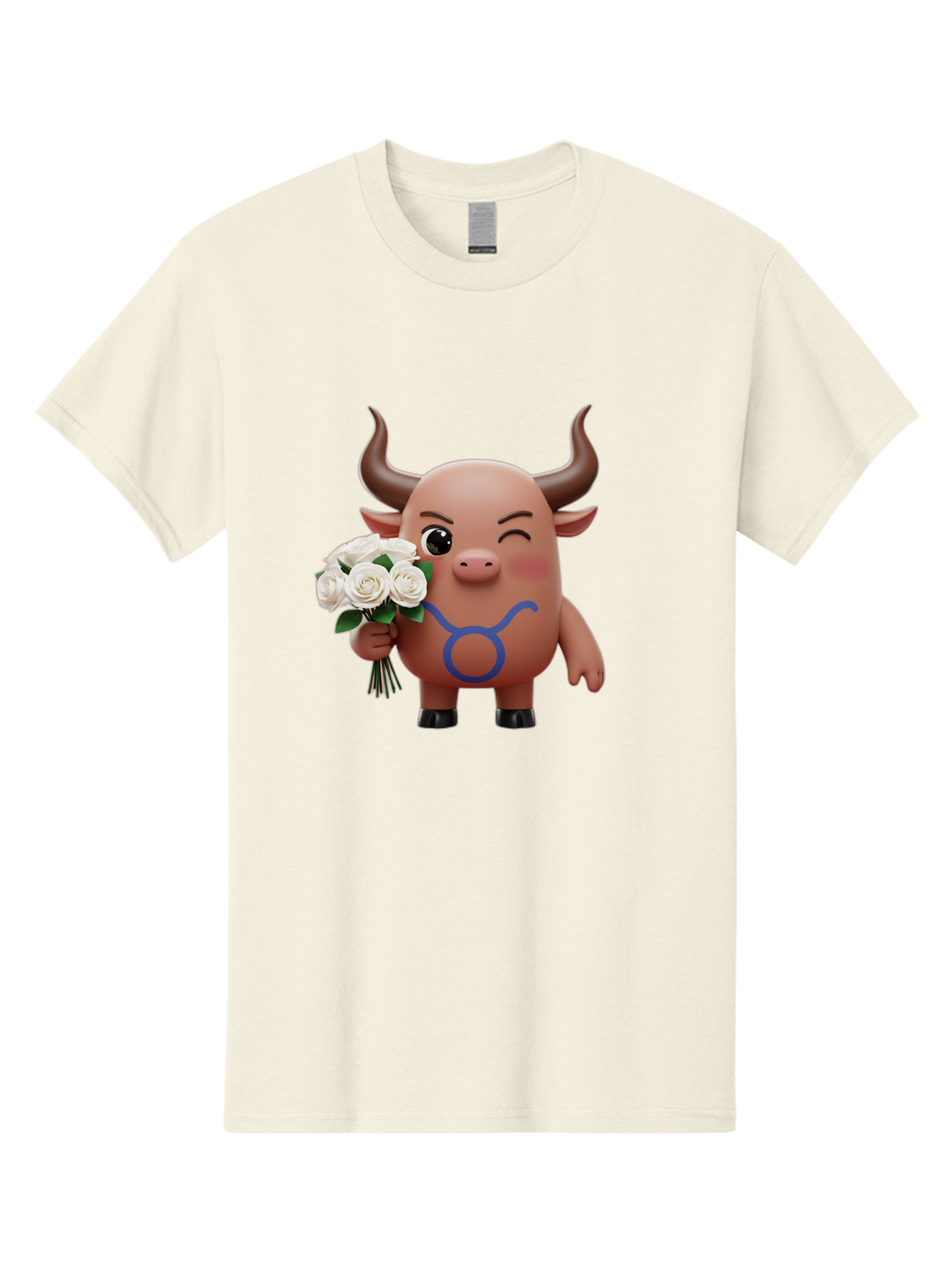 Taurus Men'S Graphic Tee, 100% Cotton, Comfortable Casual Summer Wear, Machine Washable, Taurus Zodiac Symbol, Cartoon Bull Character, Holding White Roses, Symbol Of Love, Astrological Sign, Bull Emoji, Cute Illustration, Zodiac Sign, Bae306
