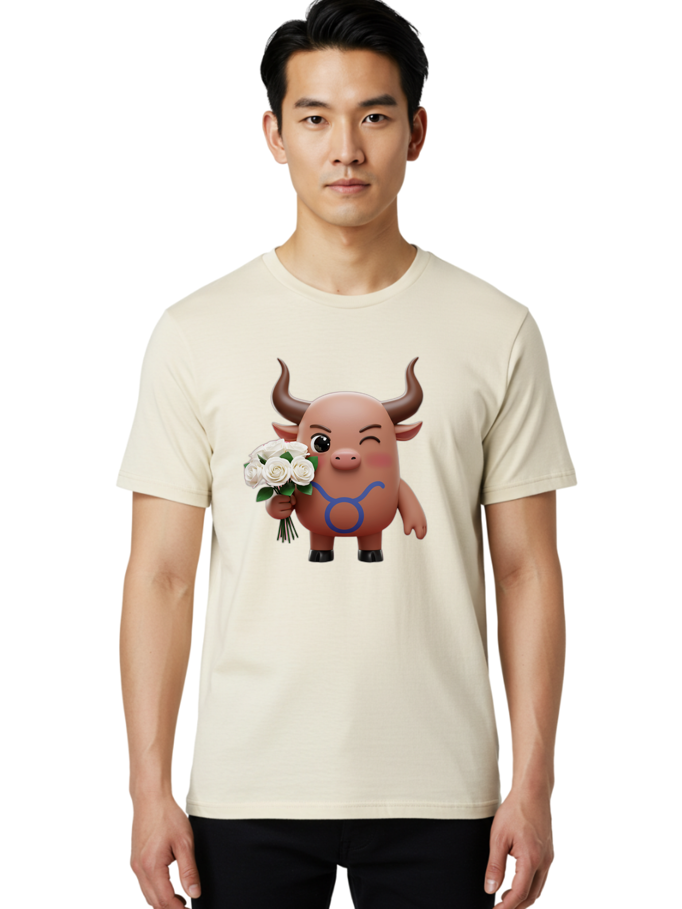 Taurus Men'S Graphic Tee, 100% Cotton, Comfortable Casual Summer Wear, Machine Washable, Taurus Zodiac Symbol, Cartoon Bull Character, Holding White Roses, Symbol Of Love, Astrological Sign, Bull Emoji, Cute Illustration, Zodiac Sign, Bae306
