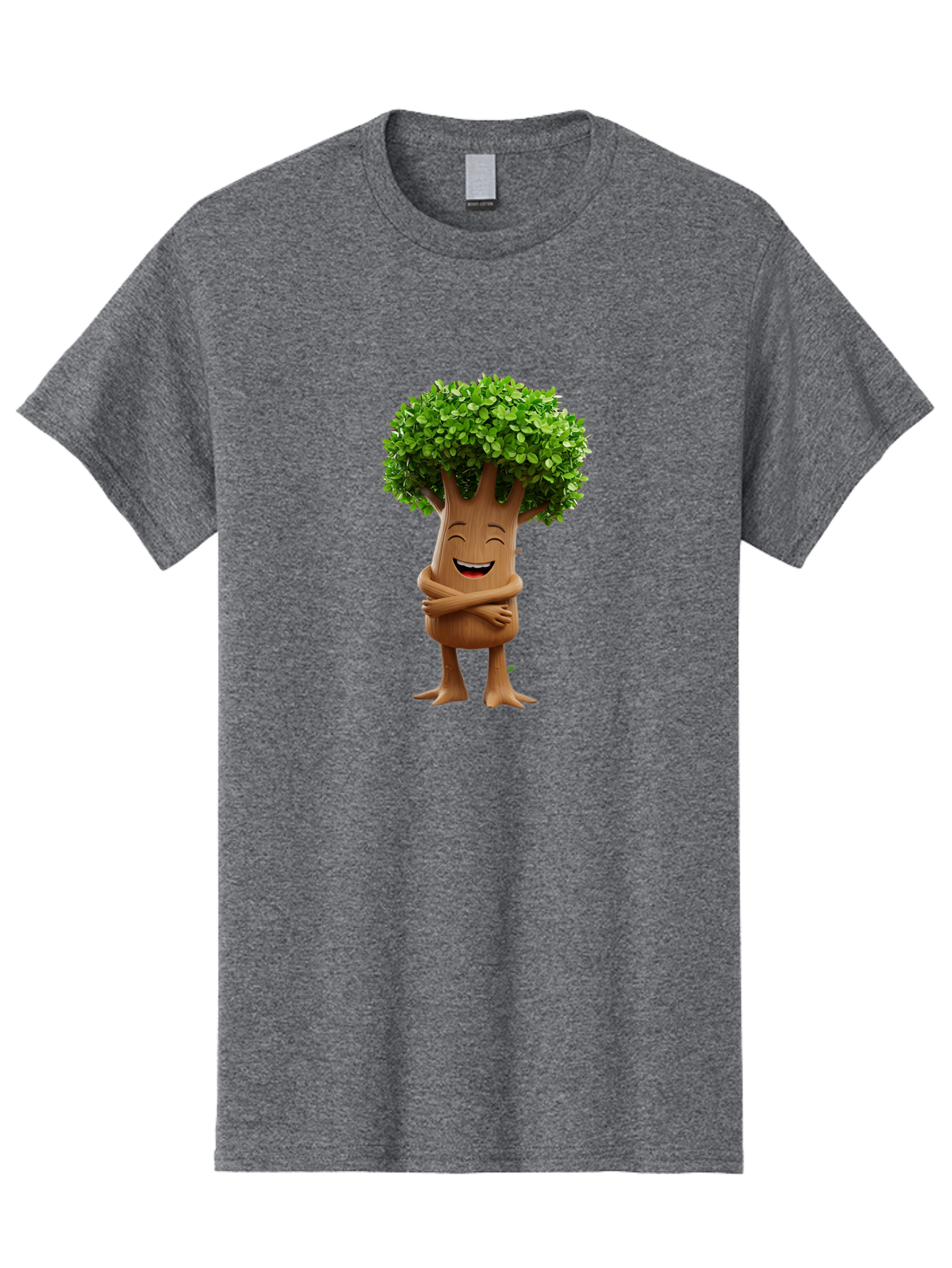 Tree-Character Men'S Graphic Tee, 100% Cotton, Comfortable Casual Summer Wear, Machine Washable, Cartoon Tree, Smiling Face, Happy Emotion, Green Leaves, Wooden Texture, Friendly Atmosphere, 3D Character, Eco-Friendly, Nature-Inspired, Bae308