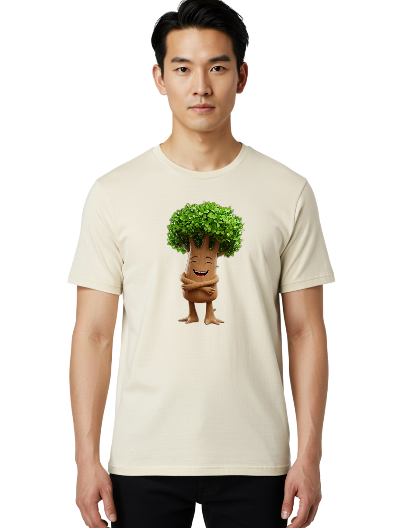 Tree-Character Men'S Graphic Tee, 100% Cotton, Comfortable Casual Summer Wear, Machine Washable, Cartoon Tree, Smiling Face, Happy Emotion, Green Leaves, Wooden Texture, Friendly Atmosphere, 3D Character, Eco-Friendly, Nature-Inspired, Bae308