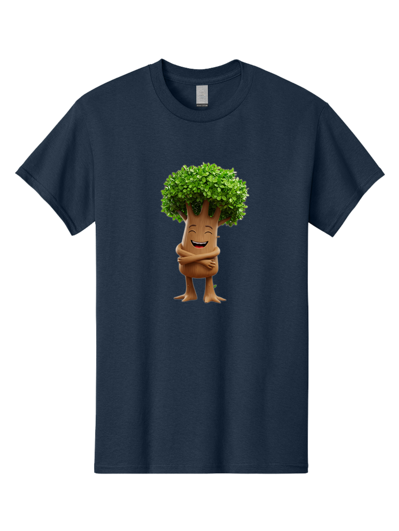 Tree-Character Men'S Graphic Tee, 100% Cotton, Comfortable Casual Summer Wear, Machine Washable, Cartoon Tree, Smiling Face, Happy Emotion, Green Leaves, Wooden Texture, Friendly Atmosphere, 3D Character, Eco-Friendly, Nature-Inspired, Bae308