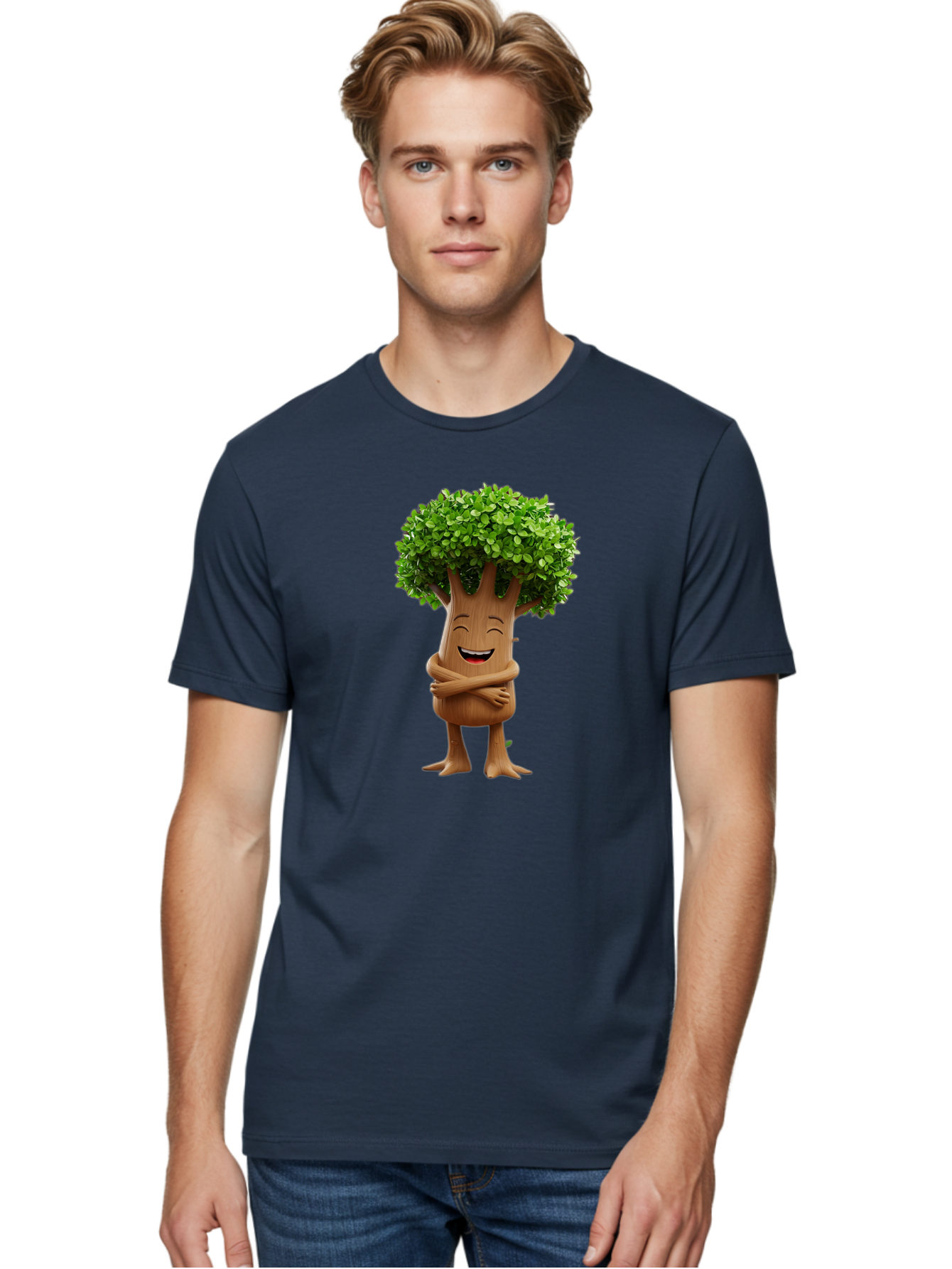 Tree-Character Men'S Graphic Tee, 100% Cotton, Comfortable Casual Summer Wear, Machine Washable, Cartoon Tree, Smiling Face, Happy Emotion, Green Leaves, Wooden Texture, Friendly Atmosphere, 3D Character, Eco-Friendly, Nature-Inspired, Bae308