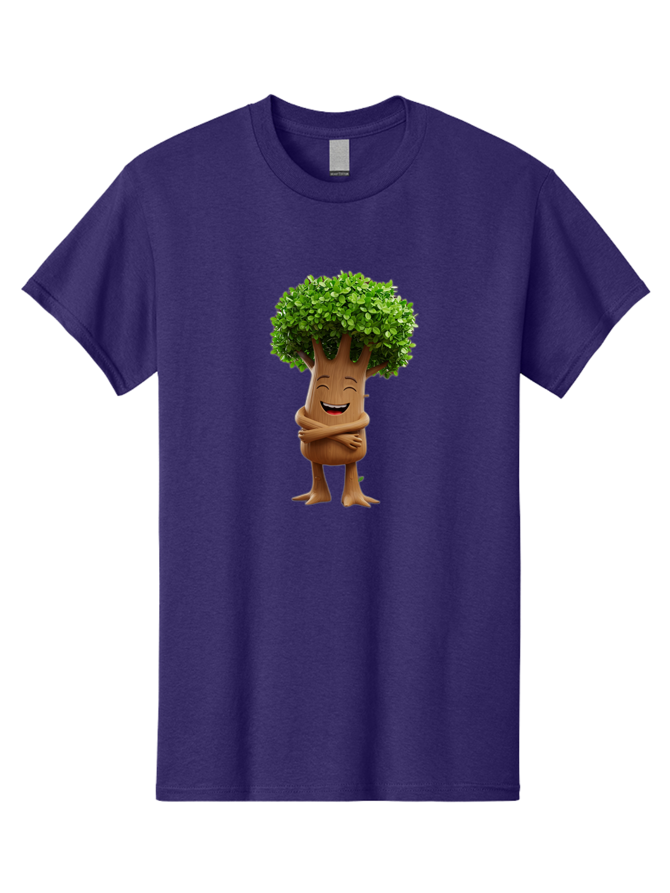 Tree-Character Men'S Graphic Tee, 100% Cotton, Comfortable Casual Summer Wear, Machine Washable, Cartoon Tree, Smiling Face, Happy Emotion, Green Leaves, Wooden Texture, Friendly Atmosphere, 3D Character, Eco-Friendly, Nature-Inspired, Bae308