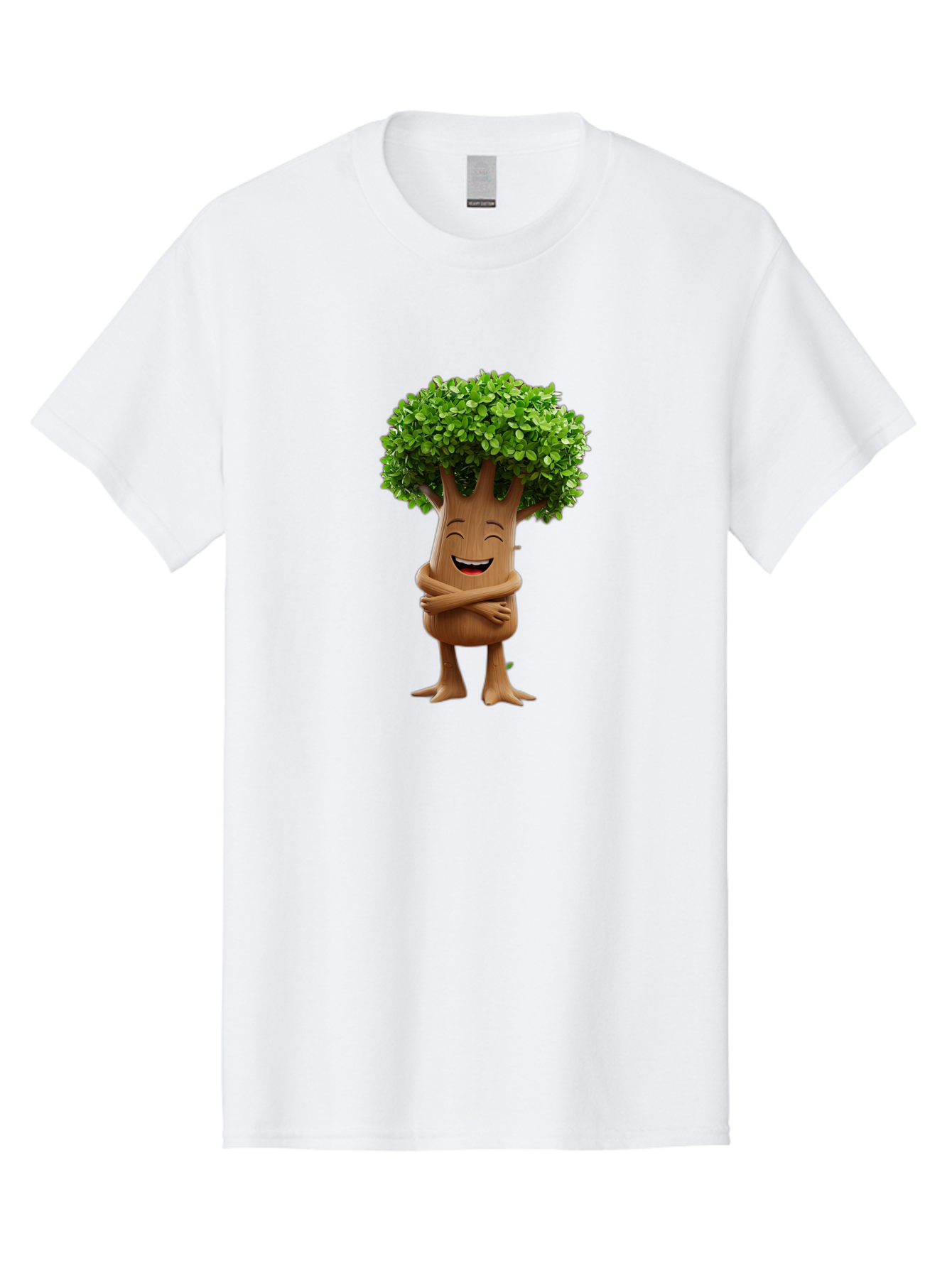 Tree-Character Men'S Graphic Tee, 100% Cotton, Comfortable Casual Summer Wear, Machine Washable, Cartoon Tree, Smiling Face, Happy Emotion, Green Leaves, Wooden Texture, Friendly Atmosphere, 3D Character, Eco-Friendly, Nature-Inspired, Bae308