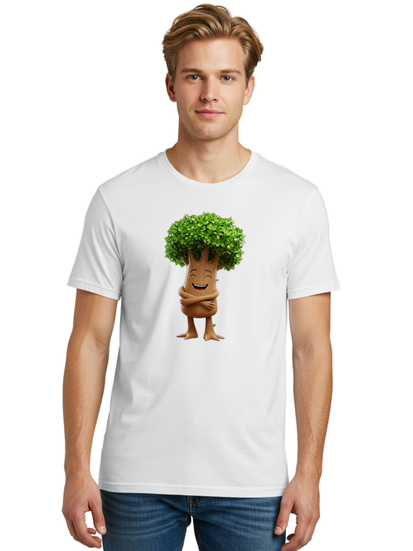 Tree-Character Men'S Graphic Tee, 100% Cotton, Comfortable Casual Summer Wear, Machine Washable, Cartoon Tree, Smiling Face, Happy Emotion, Green Leaves, Wooden Texture, Friendly Atmosphere, 3D Character, Eco-Friendly, Nature-Inspired, Bae308