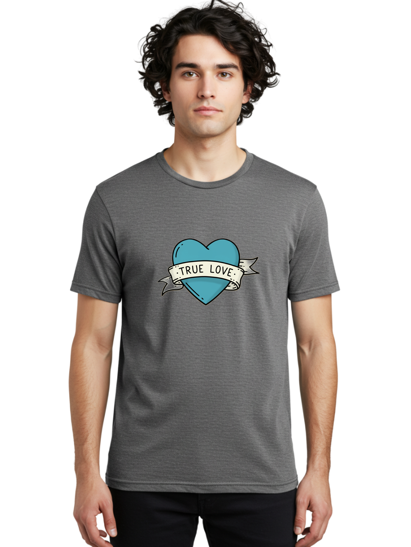 True-Love-1 Men'S Graphic Tee, 100% Cotton, Comfortable Casual Summer Wear, Machine Washable, Tattoo Heart Design, Blue Heart Illustration, True Love Symbol, Banner Wrapped Heart, Classic Tattoo Style, Simple Design Elements, Bae309