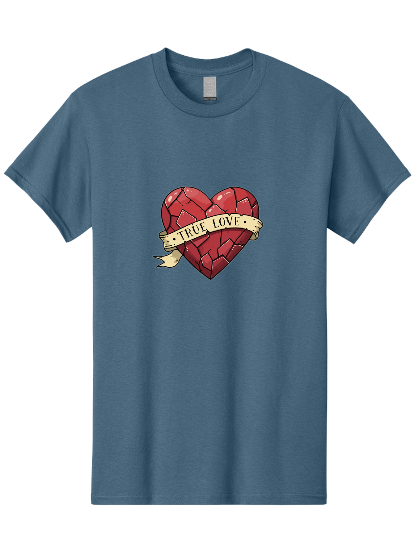 True-Love-10 Men'S Graphic Tee, 100% Cotton, Comfortable Casual Summer Wear, Machine Washable, Shattered Heart, Broken Heart, True Love, Vintage Style, Tattoo Art, Heartbreak, Love Symbol, Red Heart, Beige Ribbon Bae310