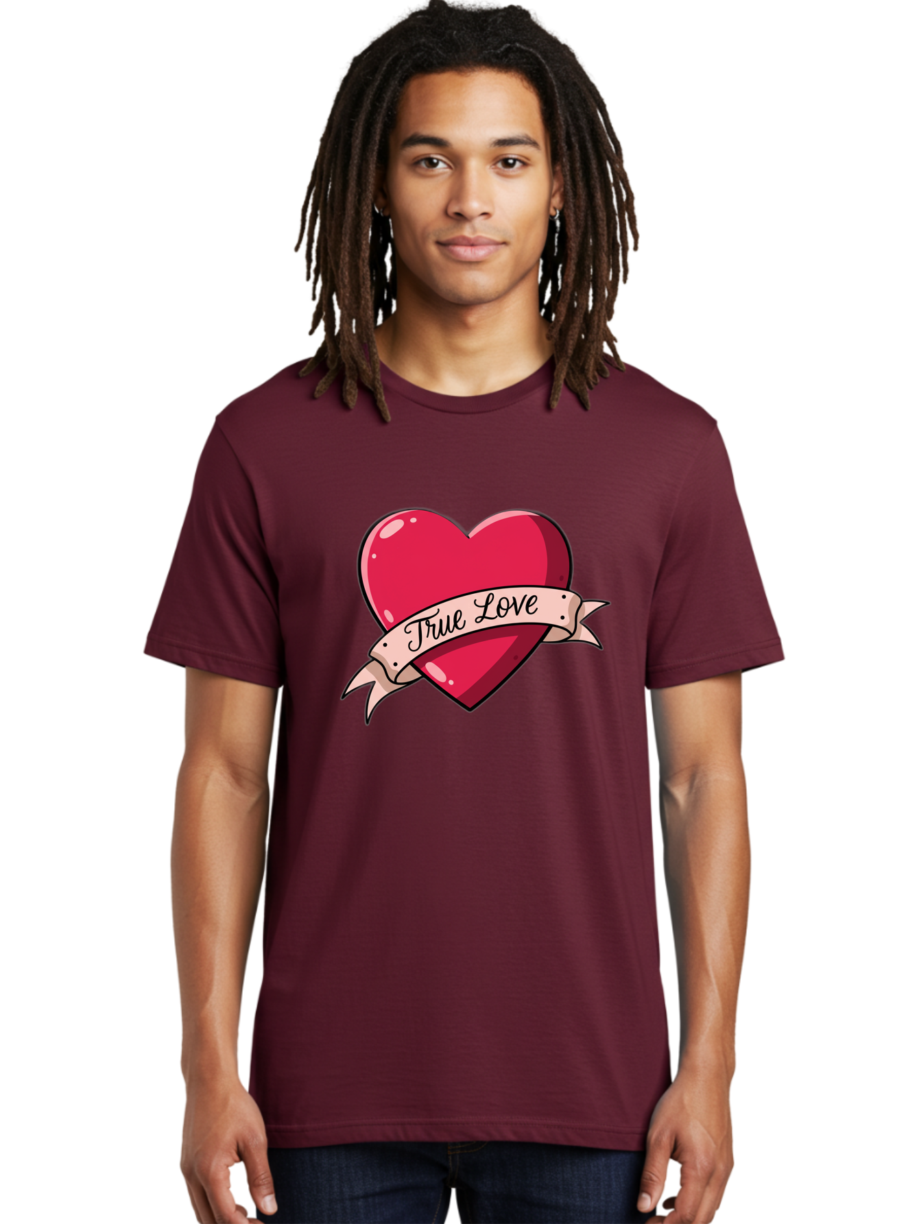 True-Love-2 Men'S Graphic Tee, 100% Cotton, Comfortable Casual Summer Wear, Machine Washable, Sweetheart Tattoo Design, Heart With Ribbon, True Love Phrase, Tattoo Art, Valentine Symbol, Love Heart Bae311