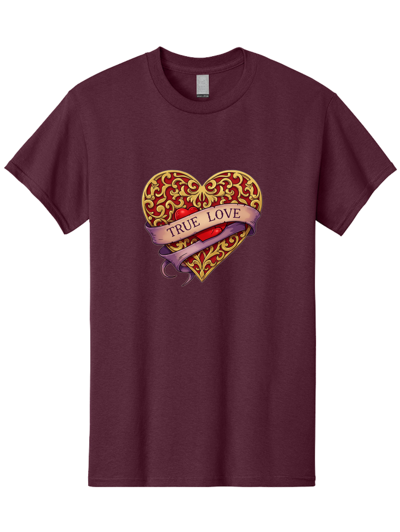 True-Love-3 Men'S Graphic Tee, 100% Cotton, Comfortable Casual Summer Wear, Machine Washable, Tattoo Style Heart, Ornate Gold Design, Red Heart Center, True Love Banner, Vintage Love Symbol, Classic Tattoo Art, Heart With Ribbon, Bae312