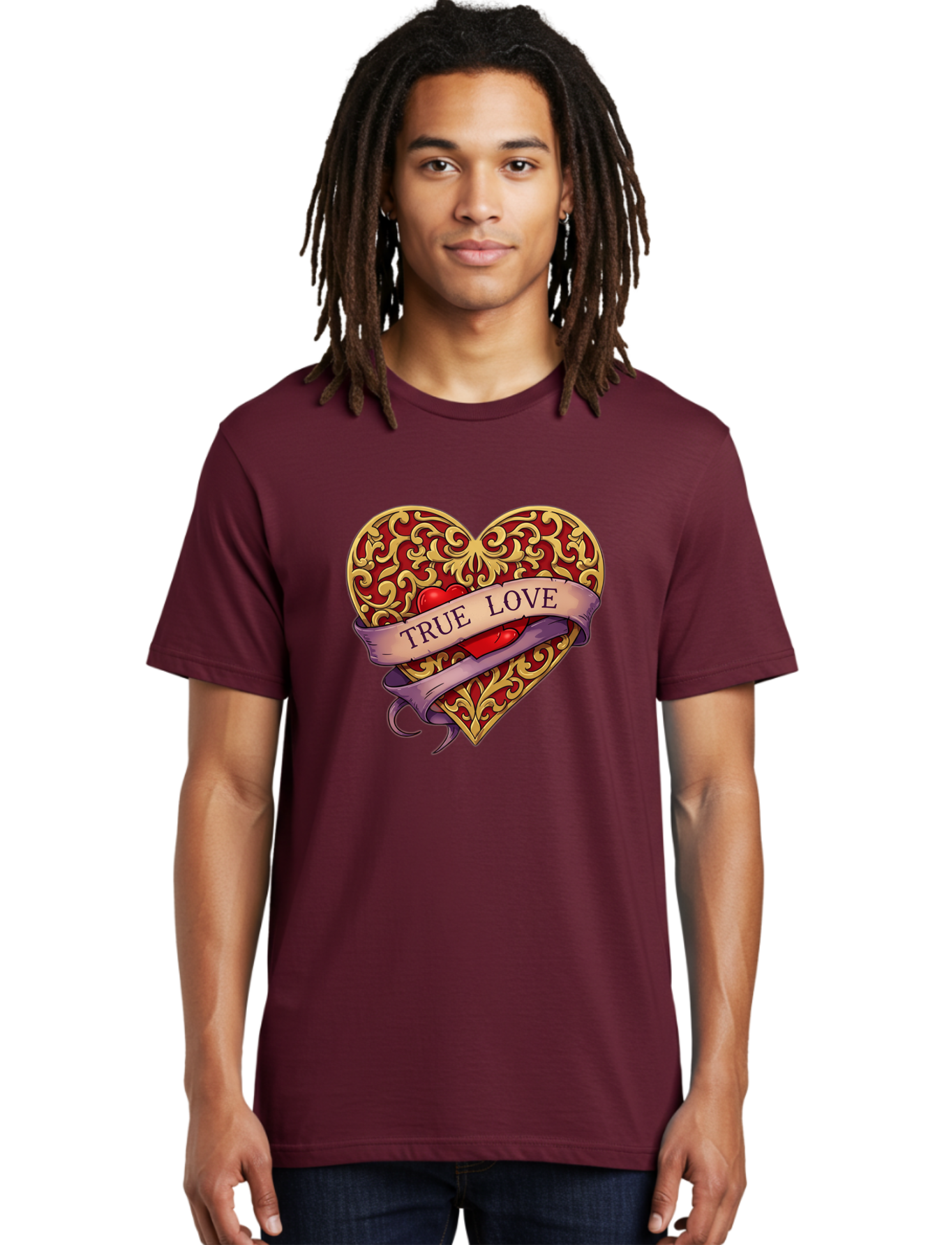 True-Love-3 Men'S Graphic Tee, 100% Cotton, Comfortable Casual Summer Wear, Machine Washable, Tattoo Style Heart, Ornate Gold Design, Red Heart Center, True Love Banner, Vintage Love Symbol, Classic Tattoo Art, Heart With Ribbon, Bae312