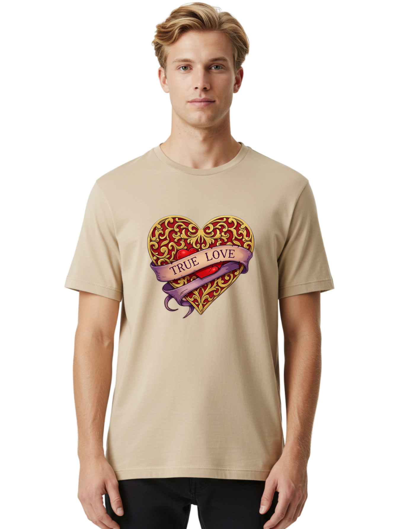 True-Love-3 Men'S Graphic Tee, 100% Cotton, Comfortable Casual Summer Wear, Machine Washable, Tattoo Style Heart, Ornate Gold Design, Red Heart Center, True Love Banner, Vintage Love Symbol, Classic Tattoo Art, Heart With Ribbon, Bae312