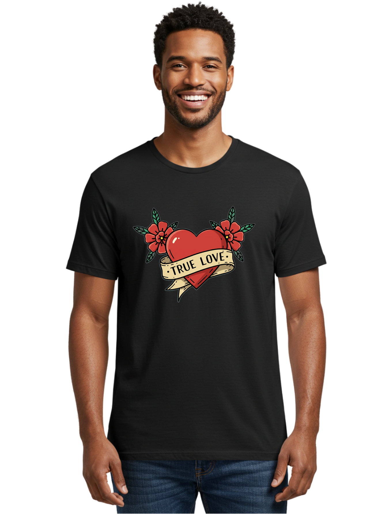 True-Love-4 Men'S Graphic Tee, 100% Cotton, Comfortable Casual Summer Wear, Machine Washable, Red Heart, True Love, Vintage Tattoo, Floral Design, Red Flowers, Love Symbol, Classic Tattoo Art, Heart With Ribbon, Retro Style Bae313
