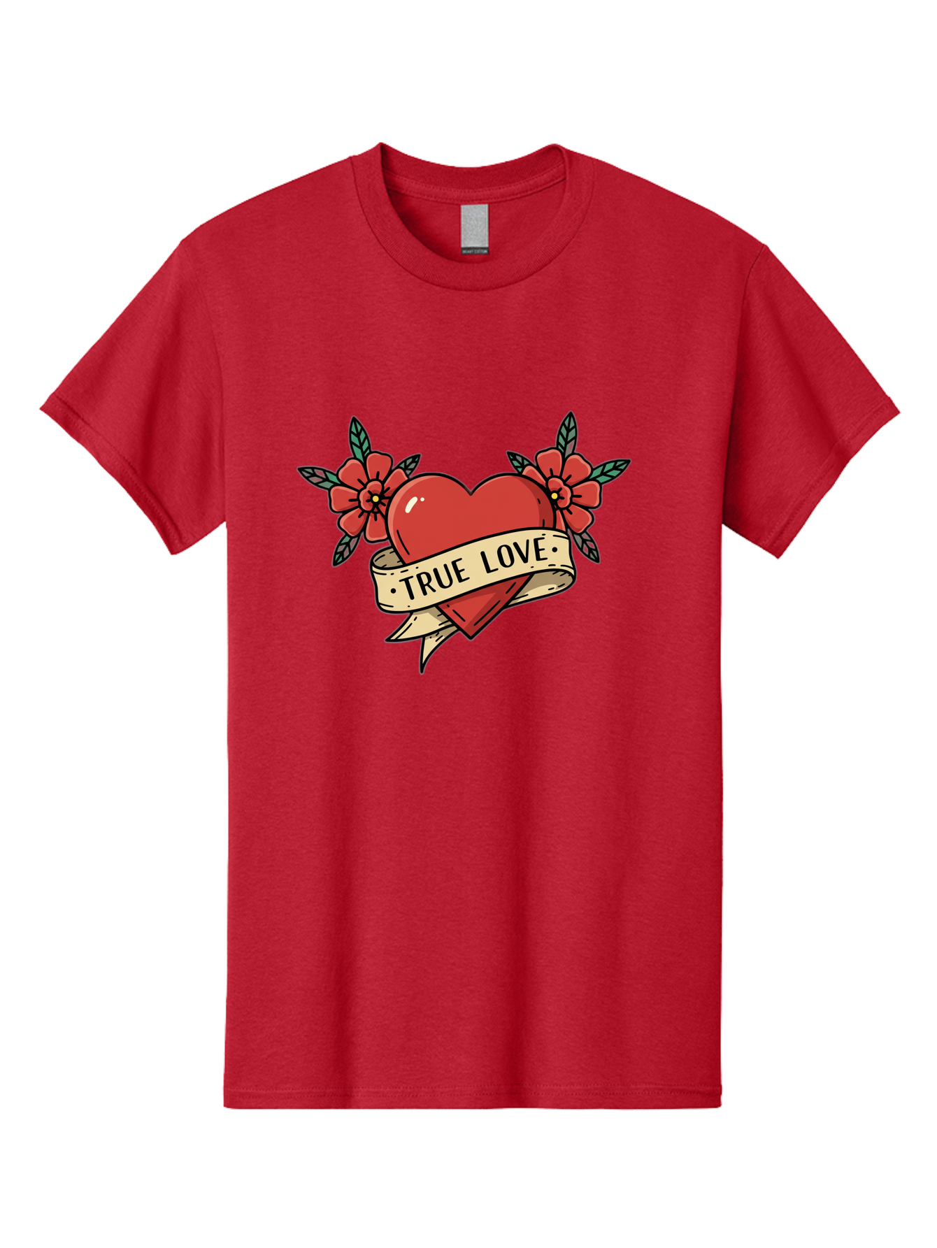 True-Love-4 Men'S Graphic Tee, 100% Cotton, Comfortable Casual Summer Wear, Machine Washable, Red Heart, True Love, Vintage Tattoo, Floral Design, Red Flowers, Love Symbol, Classic Tattoo Art, Heart With Ribbon, Retro Style Bae313