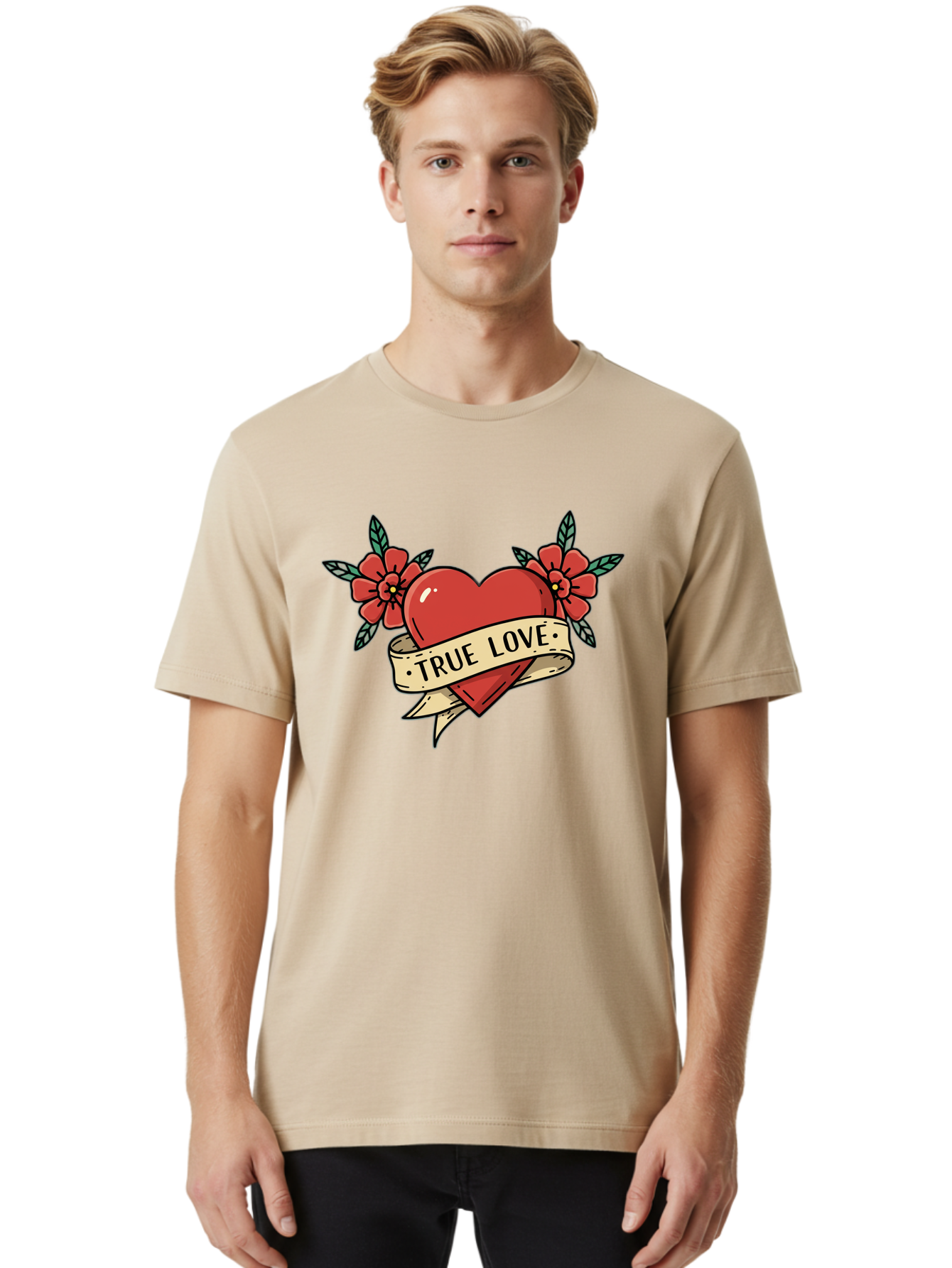 True-Love-4 Men'S Graphic Tee, 100% Cotton, Comfortable Casual Summer Wear, Machine Washable, Red Heart, True Love, Vintage Tattoo, Floral Design, Red Flowers, Love Symbol, Classic Tattoo Art, Heart With Ribbon, Retro Style Bae313