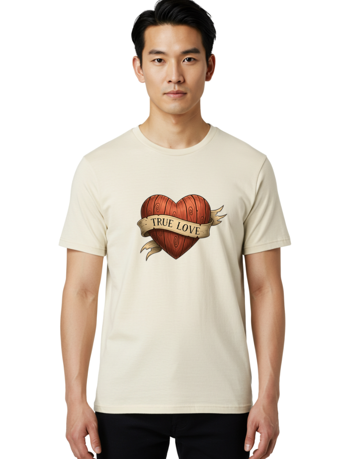 True-Love-6 Men'S Graphic Tee, 100% Cotton, Comfortable Casual Summer Wear, Machine Washable, Wooden Heart, Vintage Love, True Love, Tattoo Art, Classic Symbol, Traditional Design, Romantic Gesture, Wooden Texture, Heart Shape, Nostalgic Feel, Bae315