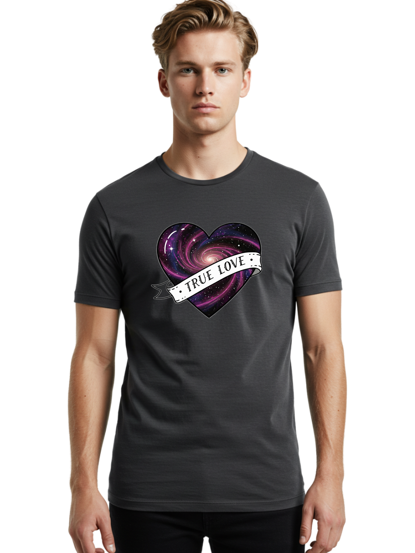 True-Love-7 Men'S Graphic Tee, 100% Cotton, Comfortable Casual Summer Wear, Machine Washable, Galaxy Heart, Cosmic Love, Purple Galaxy, Heart Shape, Stars And Planets, Romantic Symbol, True Love, Space-Inspired Art, Celestial Design, Bae316