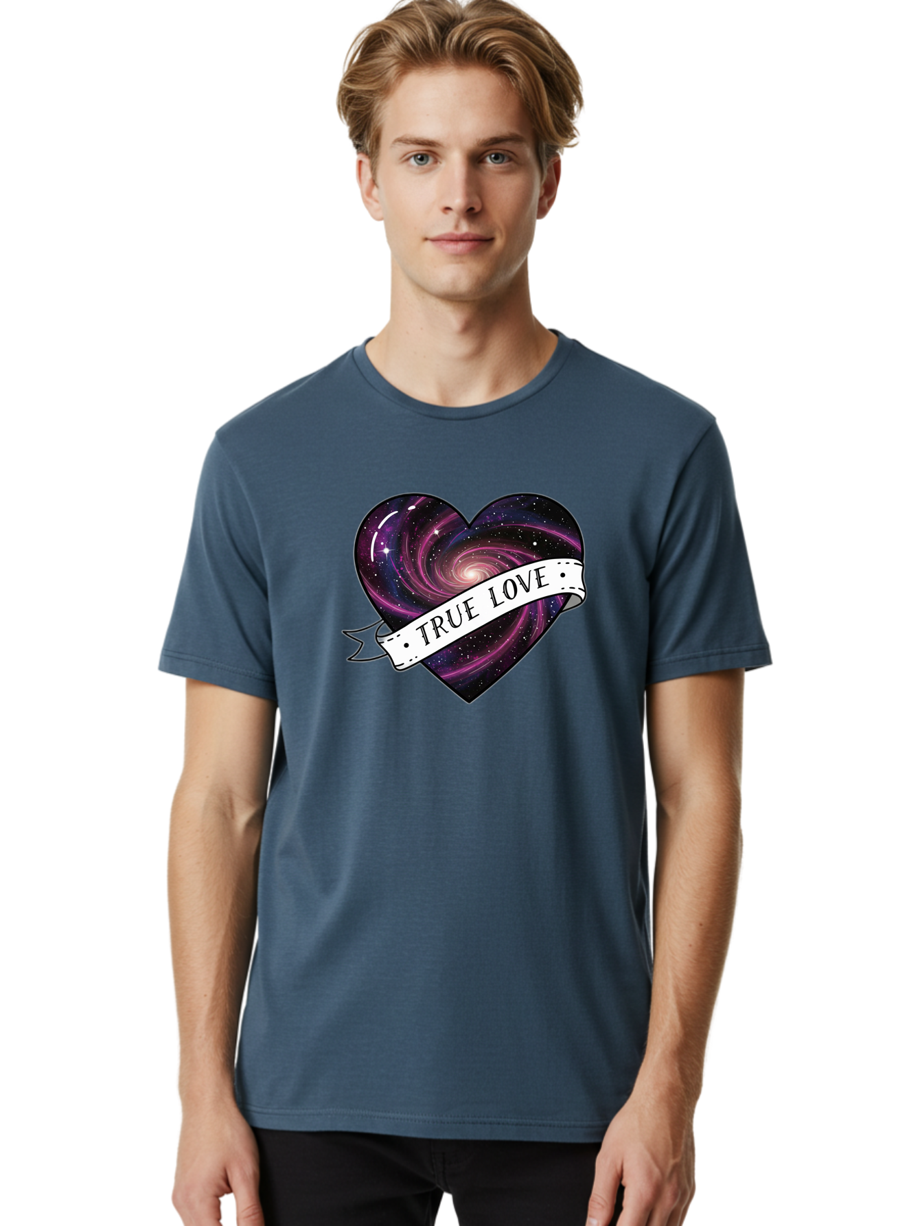 True-Love-7 Men'S Graphic Tee, 100% Cotton, Comfortable Casual Summer Wear, Machine Washable, Galaxy Heart, Cosmic Love, Purple Galaxy, Heart Shape, Stars And Planets, Romantic Symbol, True Love, Space-Inspired Art, Celestial Design, Bae316