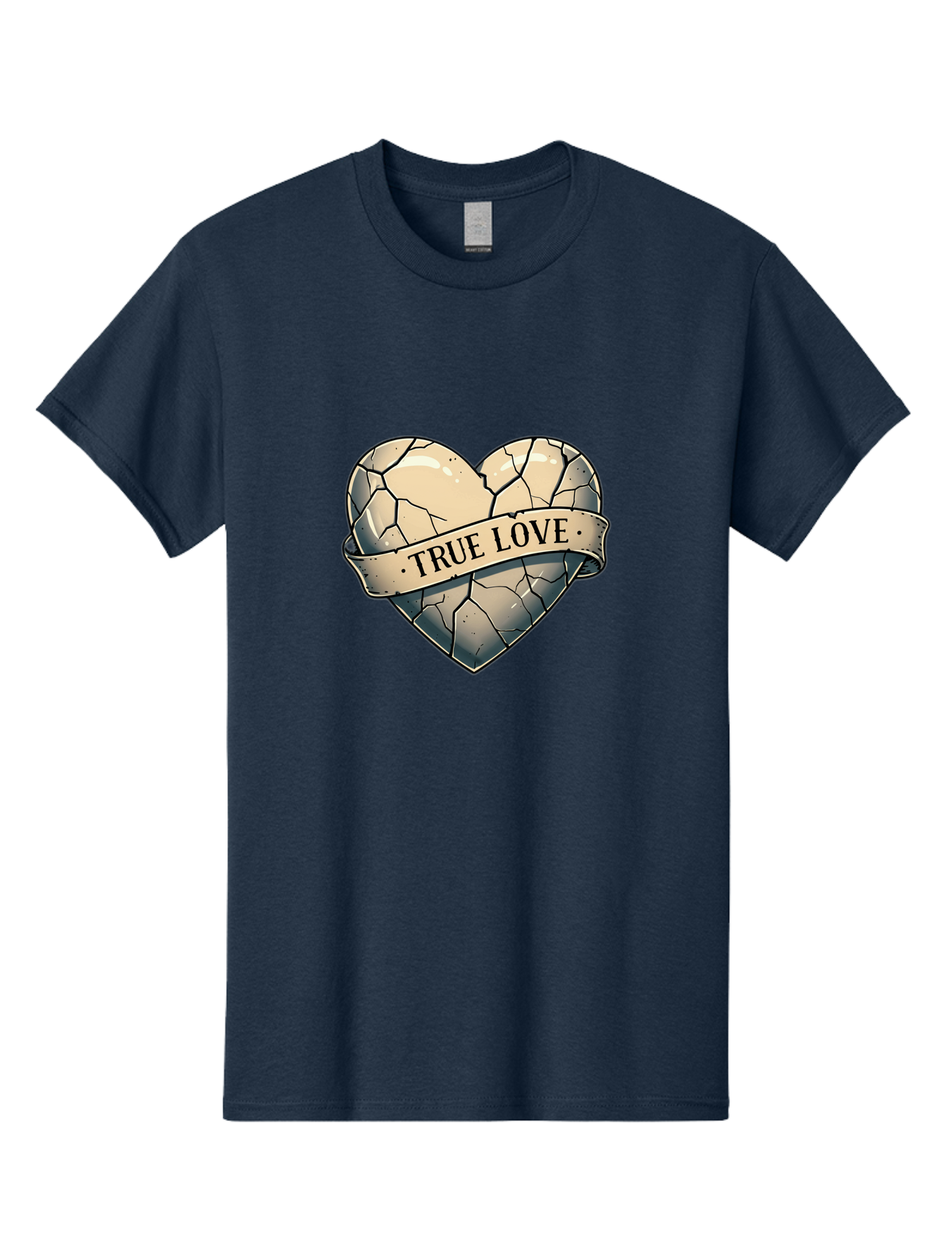 True-Love-8 Men'S Graphic Tee, 100% Cotton, Comfortable Casual Summer Wear, Machine Washable, Cracked Heart, True Love Banner, Vintage Design, Distressed Texture, Heart Symbol, Love Theme, Tattoo Style, Black And White Illustration Bae317