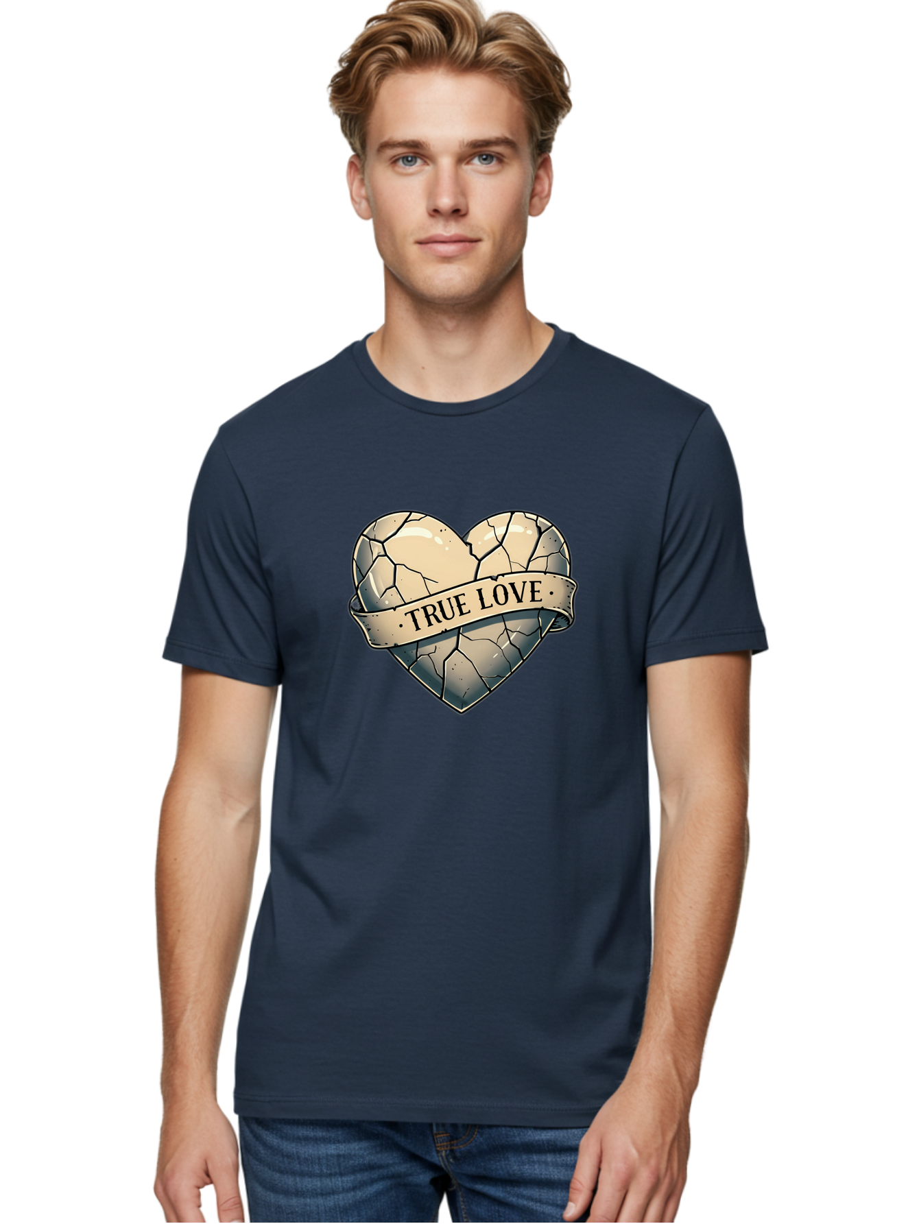 True-Love-8 Men'S Graphic Tee, 100% Cotton, Comfortable Casual Summer Wear, Machine Washable, Cracked Heart, True Love Banner, Vintage Design, Distressed Texture, Heart Symbol, Love Theme, Tattoo Style, Black And White Illustration Bae317