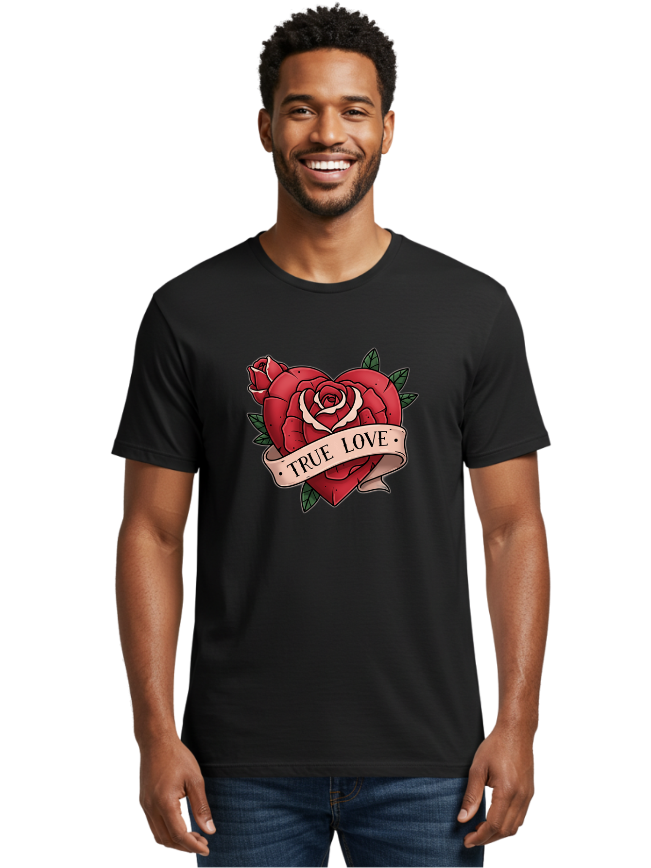 True-Love-9 Men'S Graphic Tee, 100% Cotton, Comfortable Casual Summer Wear, Machine Washable, Red Roses, True Love Banner, Vintage Tattoo Style, Symbolic Love, Classic Romance, Elegant Design, Beautiful Flowers, Floral Art Bae318