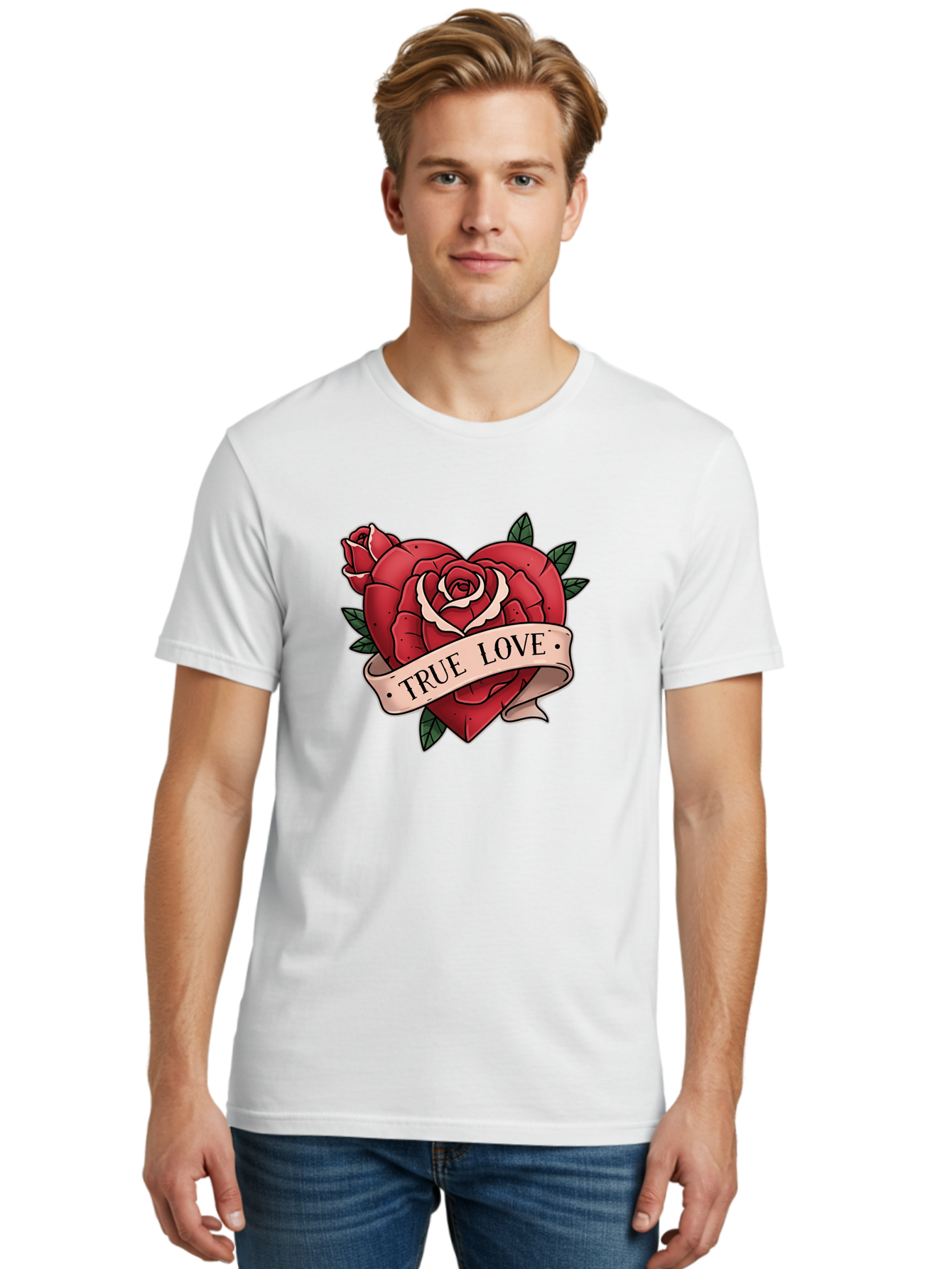 True-Love-9 Men'S Graphic Tee, 100% Cotton, Comfortable Casual Summer Wear, Machine Washable, Red Roses, True Love Banner, Vintage Tattoo Style, Symbolic Love, Classic Romance, Elegant Design, Beautiful Flowers, Floral Art Bae318