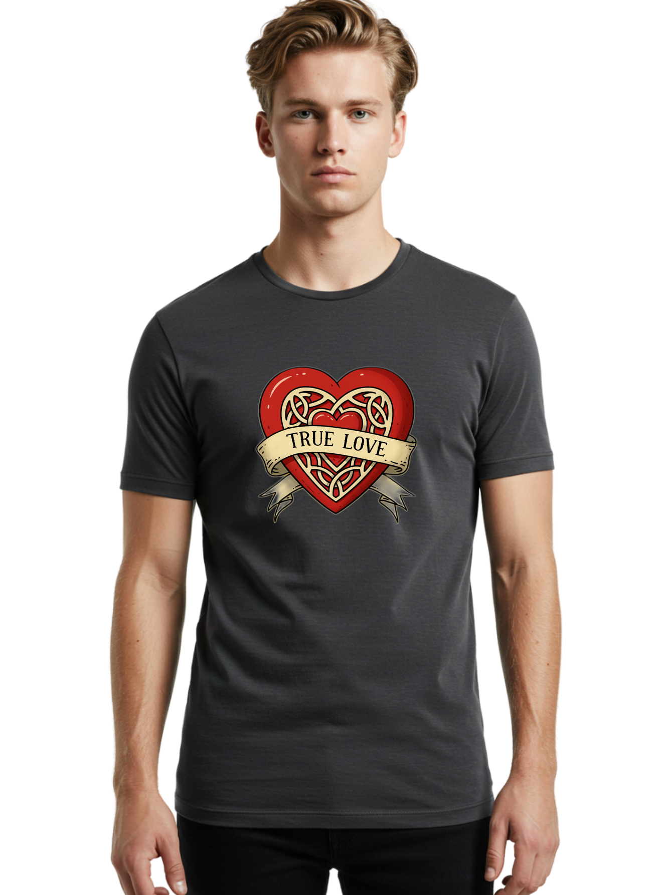 True-Love-Heart-1 Men'S Graphic Tee, 100% Cotton, Comfortable Casual Summer Wear, Machine Washable, Red Heart, Celtic Knotwork Design, True Love, Vintage Banner, Romantic Symbol, Tattoo Art, Love Theme, Heart Shape, Classic Design, Love Symbol Bae319