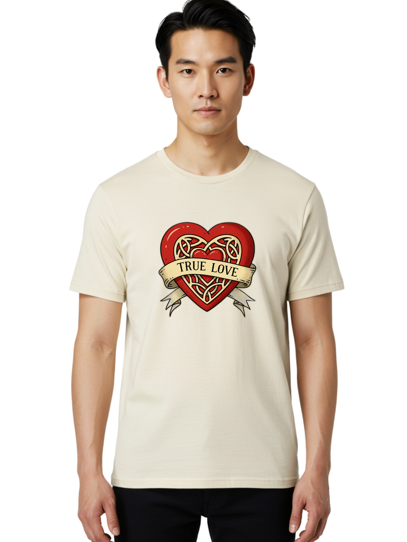 True-Love-Heart-1 Men'S Graphic Tee, 100% Cotton, Comfortable Casual Summer Wear, Machine Washable, Red Heart, Celtic Knotwork Design, True Love, Vintage Banner, Romantic Symbol, Tattoo Art, Love Theme, Heart Shape, Classic Design, Love Symbol Bae319