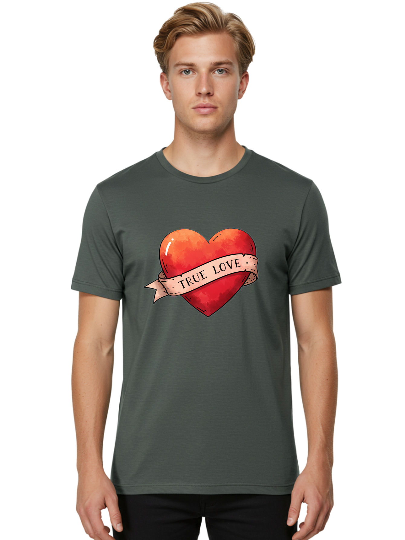 True-Love-Heart Men'S Graphic Tee, 100% Cotton, Comfortable Casual Summer Wear, Machine Washable, Red Heart, True Love, Tattoo Style, Ribbon Banner, Valentines Day Symbol, Love Heart, Classic Tattoo Design, Symbolic Heart Bae320
