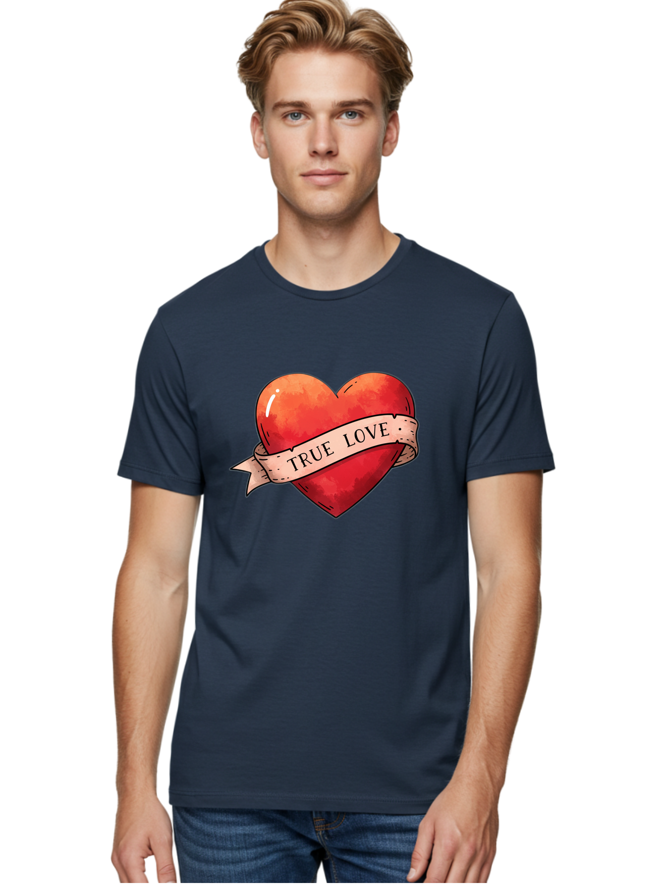 True-Love-Heart Men'S Graphic Tee, 100% Cotton, Comfortable Casual Summer Wear, Machine Washable, Red Heart, True Love, Tattoo Style, Ribbon Banner, Valentines Day Symbol, Love Heart, Classic Tattoo Design, Symbolic Heart Bae320