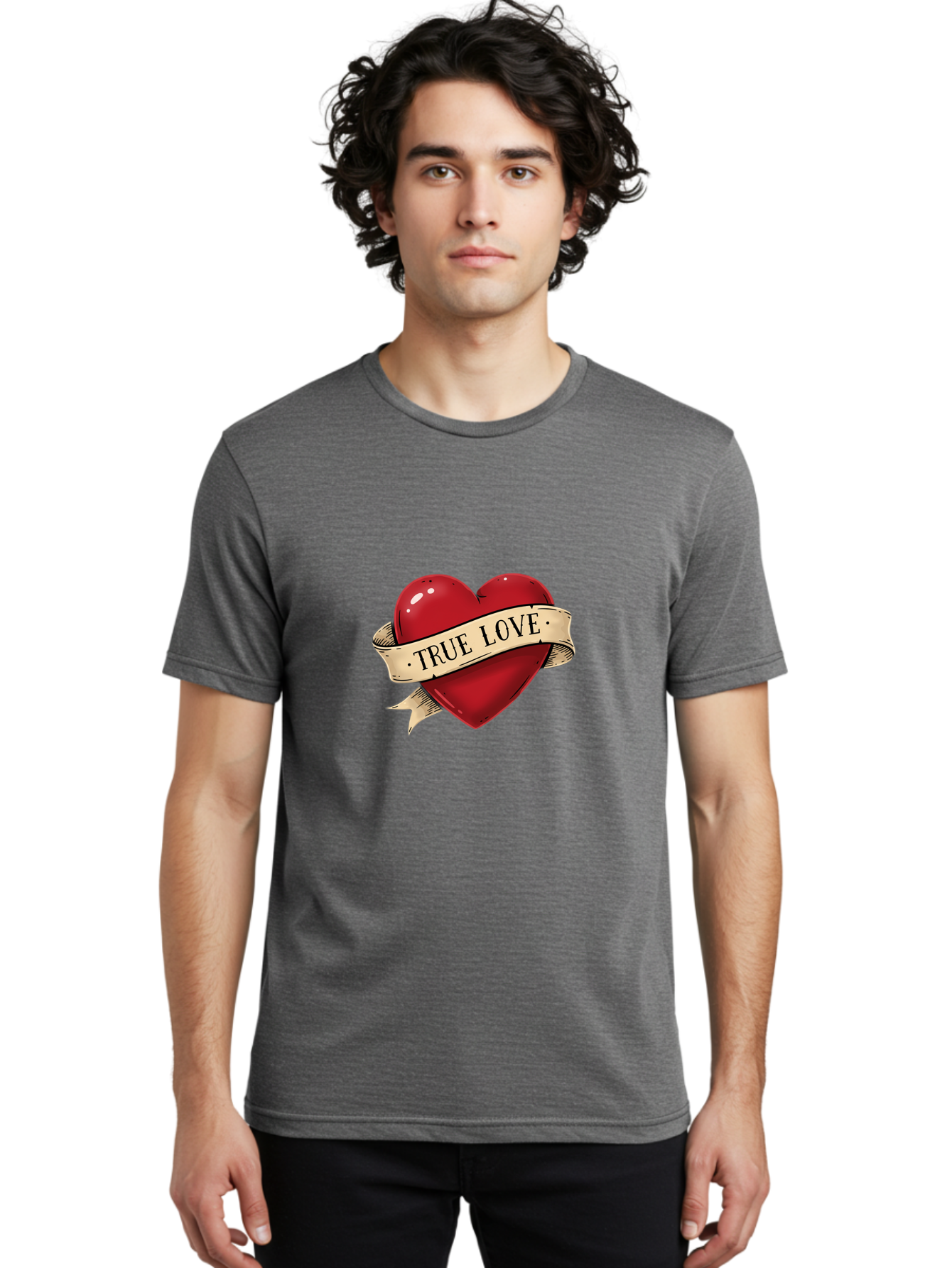 True-Love Men'S Graphic Tee, 100% Cotton, Comfortable Casual Summer Wear, Machine Washable, Red Heart, True Love, Heart-Shaped, Vintage Banner, Classic Tattoo Art, Red Heart Symbol, Love Emblem, Ribbon Banner, Symbolic Heart Bae321