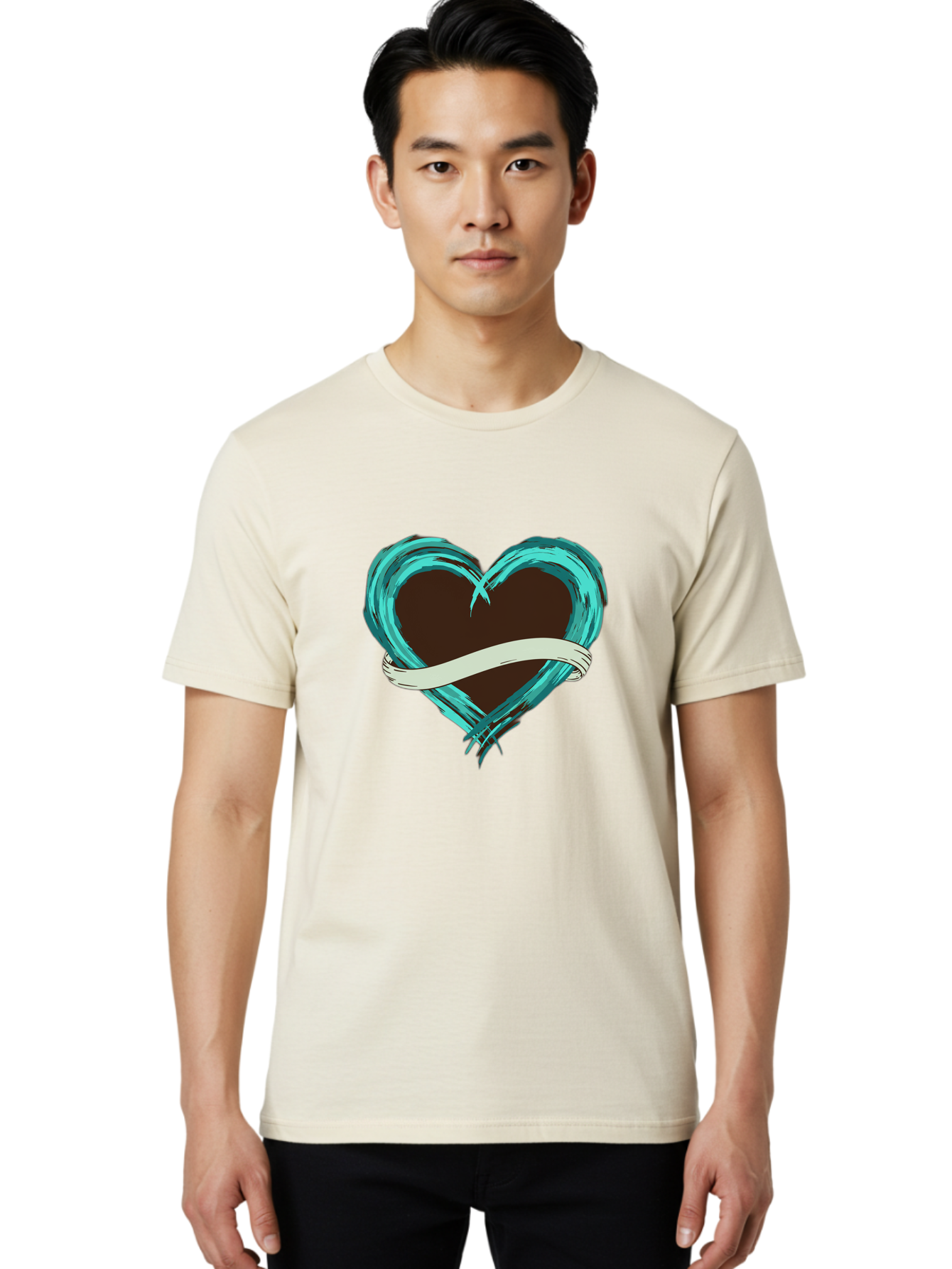 Turquoise-Heart-With-Ribbon Men'S Graphic Tee, 100% Cotton, Comfortable Casual Summer Wear, Machine Washable, Turquoise Heart, Ribbon Banner, Love Symbol, Heart Shape, Blue Heart, Artistic Design, Heart Illustration, Ribbon Wrapped Heart, Bae322