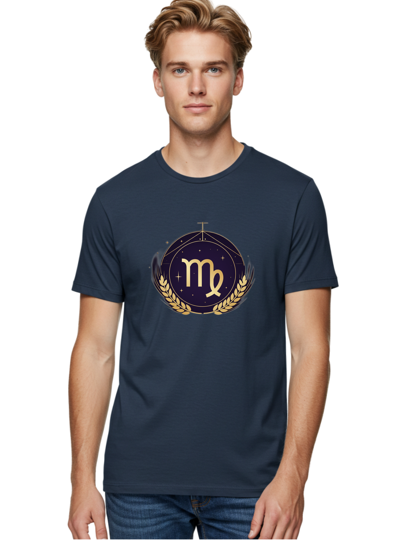 Virgo-Zodiac-Symbol Men'S Graphic Tee, 100% Cotton, Comfortable Casual Summer Wear, Machine Washable, Virgo Zodiac Sign, Astrology Symbol, Gold Laurel Wreath, Celestial Theme, Mystical Design, Horoscope Icon, Starry Night Sky Bae325
