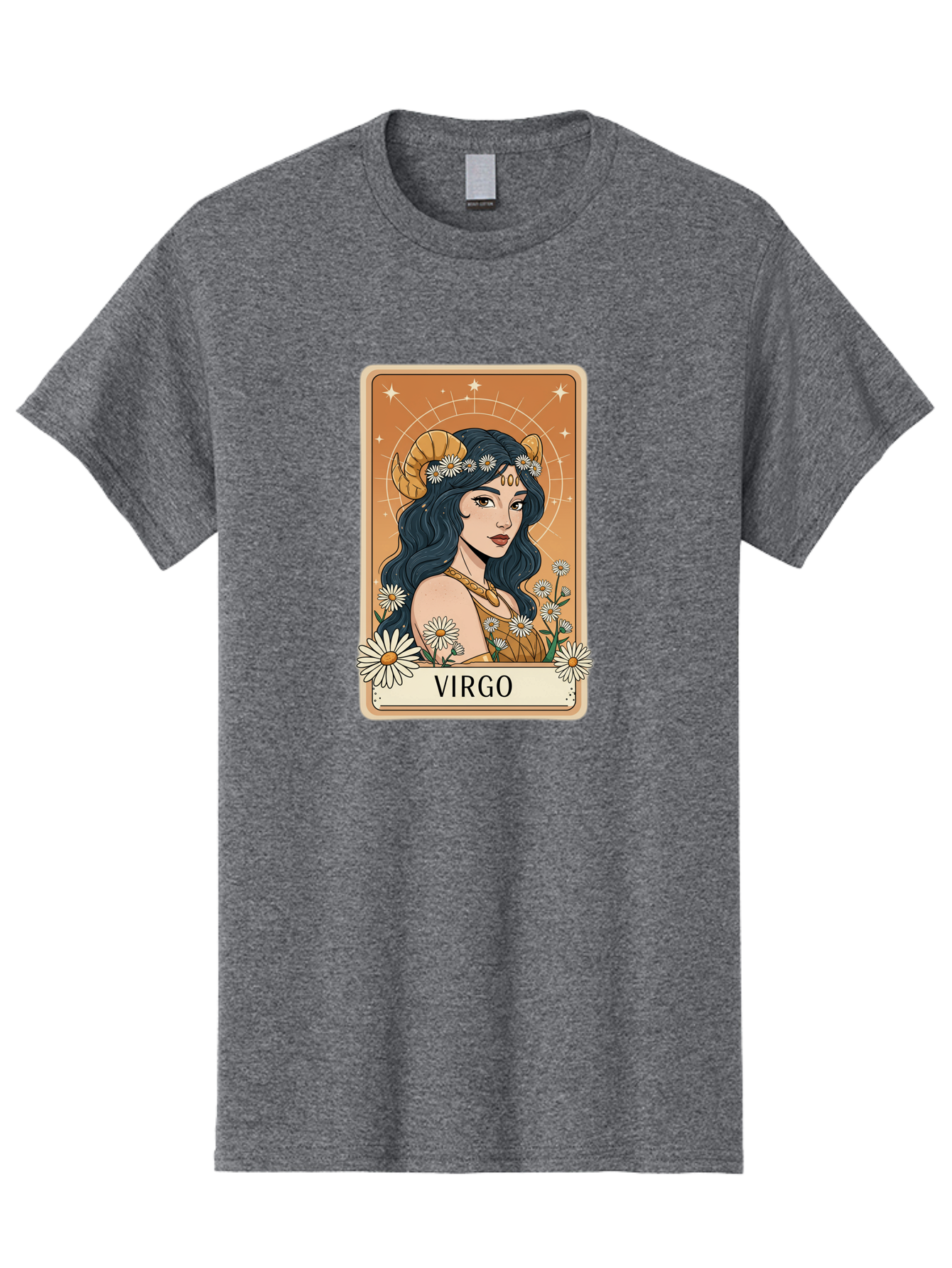 Virgo Men'S Graphic Tee, 100% Cotton, Comfortable Casual Summer Wear, Machine Washable, Virgo Zodiac Sign, Astrology Symbol, Beautiful Woman, Daisies, Celestial Theme, Mystical Aura, Gold Accents, Starry Night Sky, Feminine Mystique, Bae326