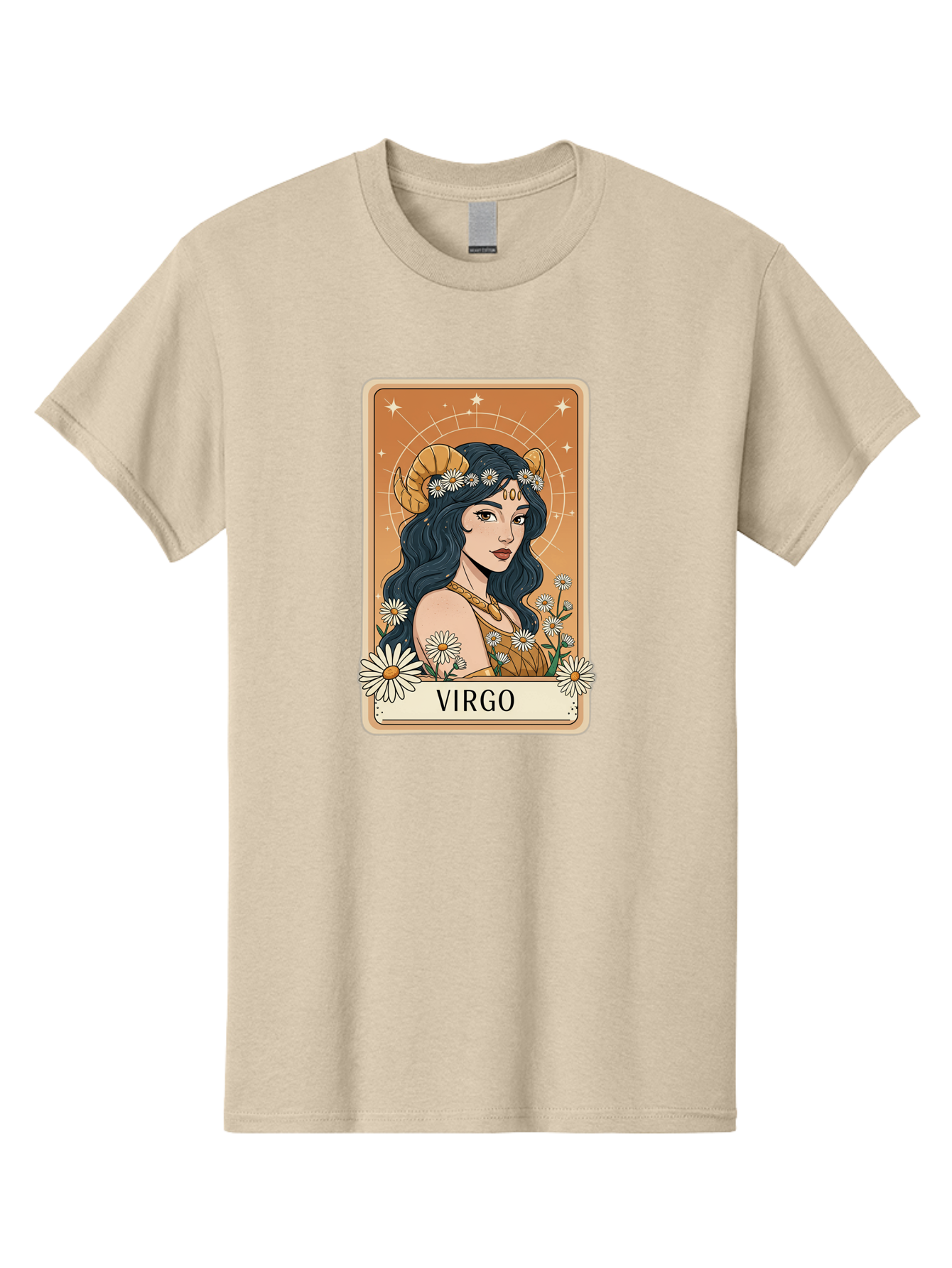 Virgo Men'S Graphic Tee, 100% Cotton, Comfortable Casual Summer Wear, Machine Washable, Virgo Zodiac Sign, Astrology Symbol, Beautiful Woman, Daisies, Celestial Theme, Mystical Aura, Gold Accents, Starry Night Sky, Feminine Mystique, Bae326