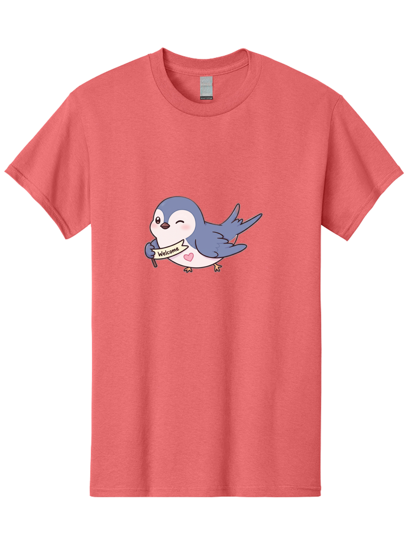 Welcome-Bird Men'S Graphic Tee, 100% Cotton, Comfortable Casual Summer Wear, Machine Washable, Bird Holding Welcome Sign, Cartoon Bird, Cute Bird, Heart On Bird, Welcome Message, Friendly Bird, Adorable Creature, Kawaii Bird Bae327