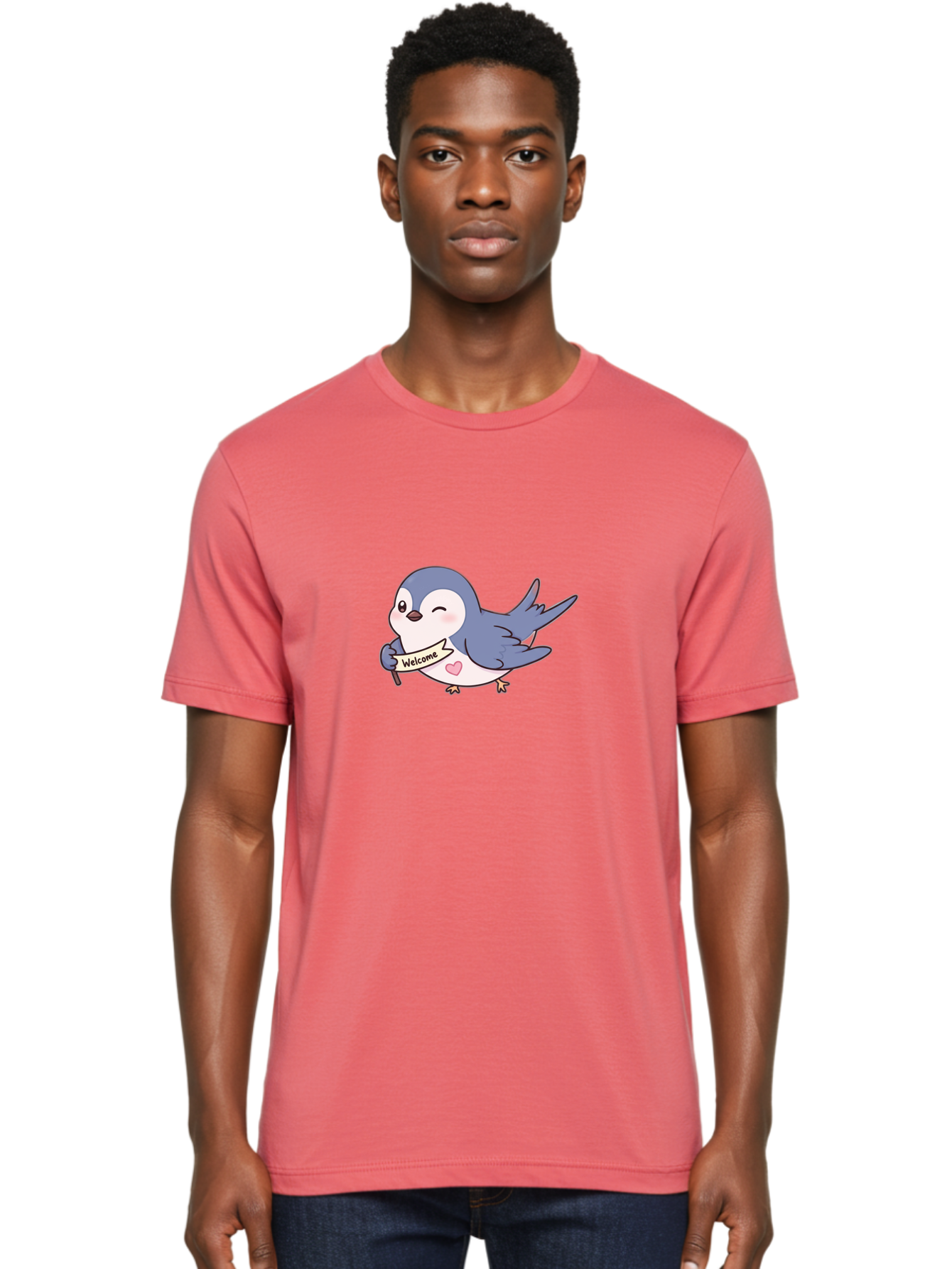 Welcome-Bird Men'S Graphic Tee, 100% Cotton, Comfortable Casual Summer Wear, Machine Washable, Bird Holding Welcome Sign, Cartoon Bird, Cute Bird, Heart On Bird, Welcome Message, Friendly Bird, Adorable Creature, Kawaii Bird Bae327
