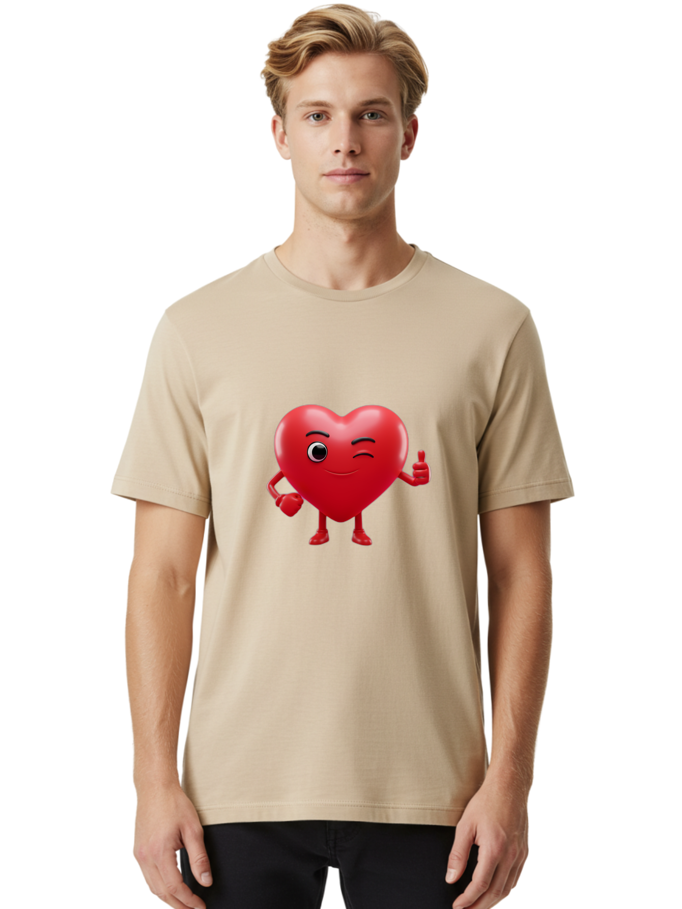 Winking-Heart Men'S Graphic Tee, 100% Cotton, Comfortable Casual Summer Wear, Machine Washable, Heart Character, Heart With Face, Love Emoji, Heart Eyes, Heart Thumbs Up, Red Heart Bae328