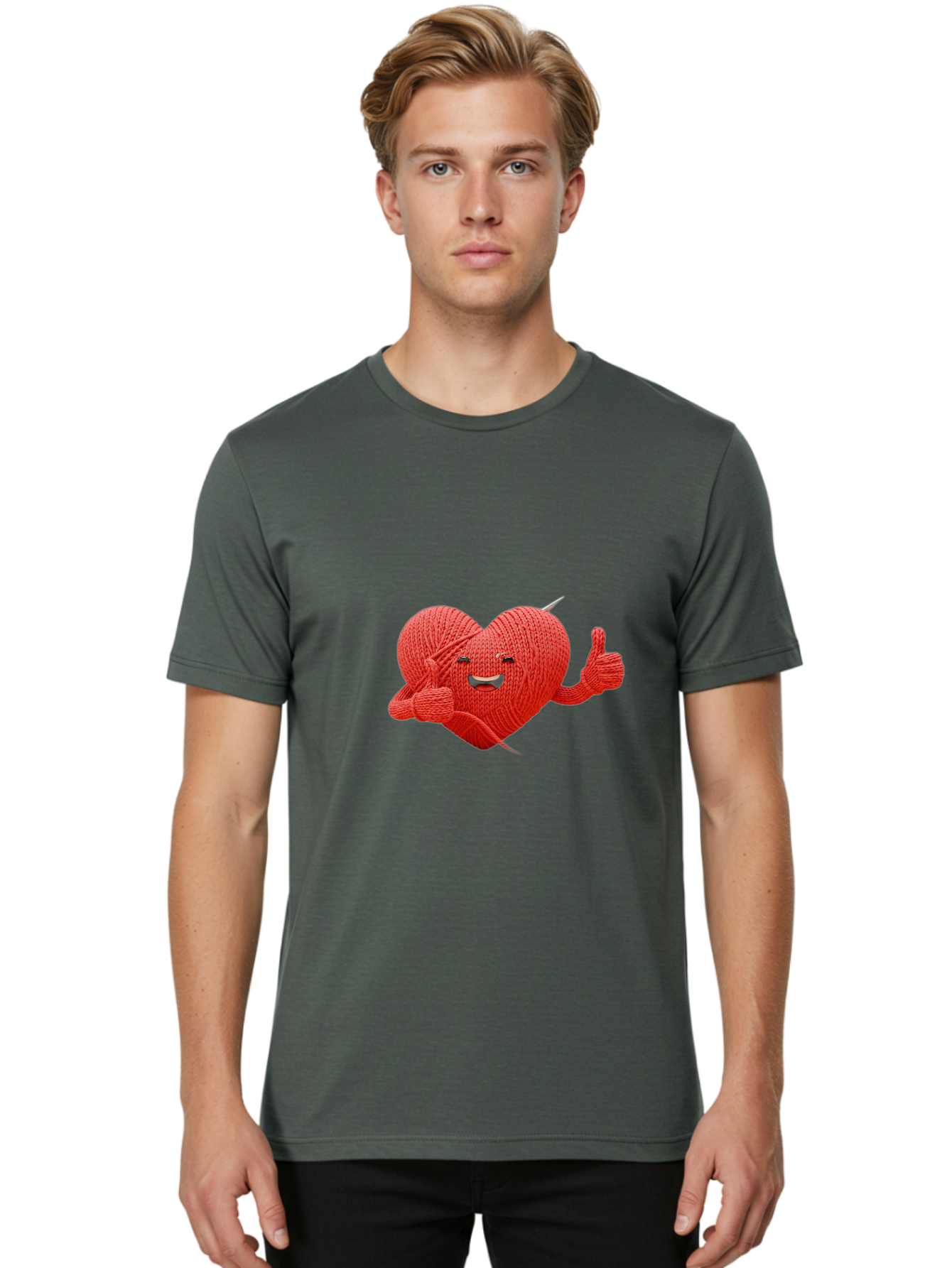 Yarn-Heart Men'S Graphic Tee, 100% Cotton, Comfortable Casual Summer Wear, Machine Washable, Knitted Heart, Cartoon Character, Knitting Yarn, Knitting Needles, Smiling Face, Thumbs Up, Happy Emotion, Creative Design, Quirky Illustration, Bae329