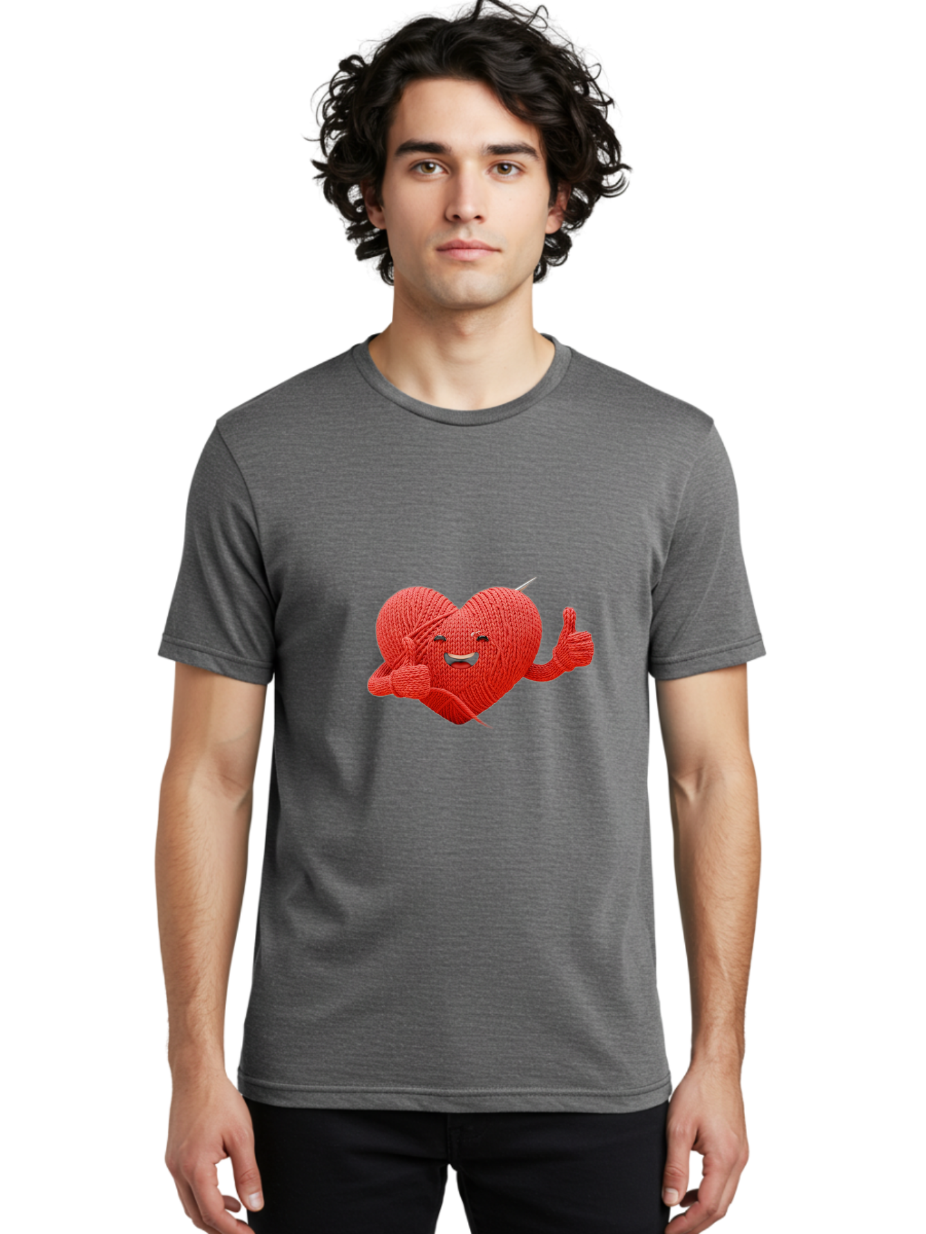 Yarn-Heart Men'S Graphic Tee, 100% Cotton, Comfortable Casual Summer Wear, Machine Washable, Knitted Heart, Cartoon Character, Knitting Yarn, Knitting Needles, Smiling Face, Thumbs Up, Happy Emotion, Creative Design, Quirky Illustration, Bae329