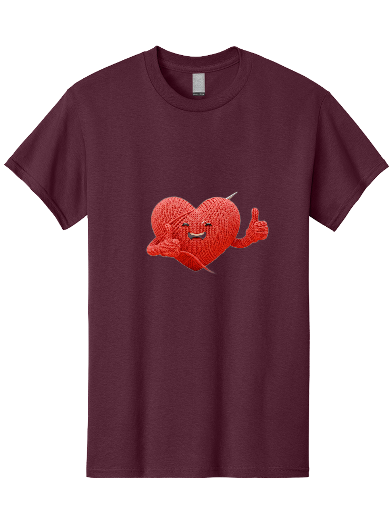 Yarn-Heart Men'S Graphic Tee, 100% Cotton, Comfortable Casual Summer Wear, Machine Washable, Knitted Heart, Cartoon Character, Knitting Yarn, Knitting Needles, Smiling Face, Thumbs Up, Happy Emotion, Creative Design, Quirky Illustration, Bae329