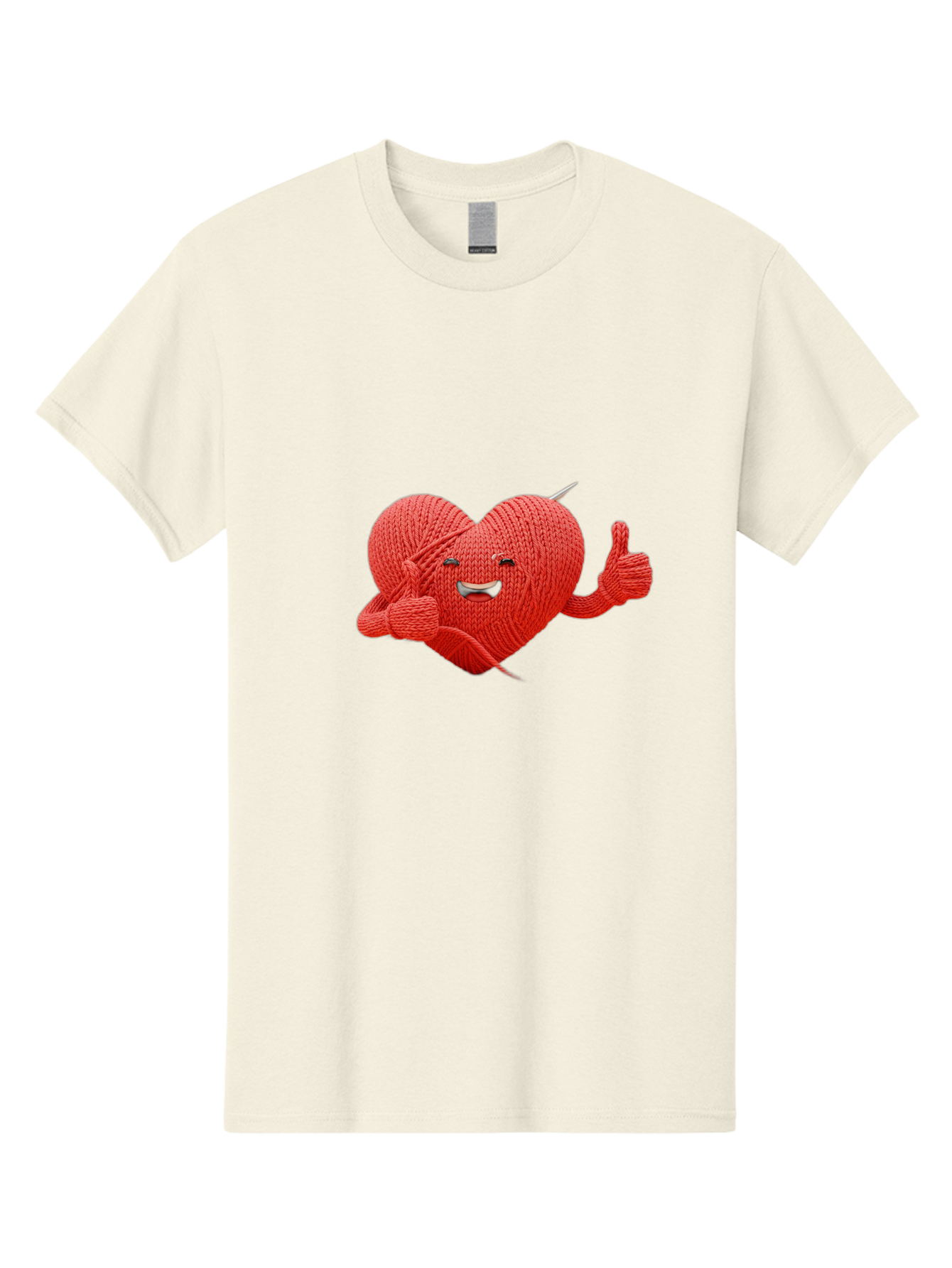 Yarn-Heart Men'S Graphic Tee, 100% Cotton, Comfortable Casual Summer Wear, Machine Washable, Knitted Heart, Cartoon Character, Knitting Yarn, Knitting Needles, Smiling Face, Thumbs Up, Happy Emotion, Creative Design, Quirky Illustration, Bae329