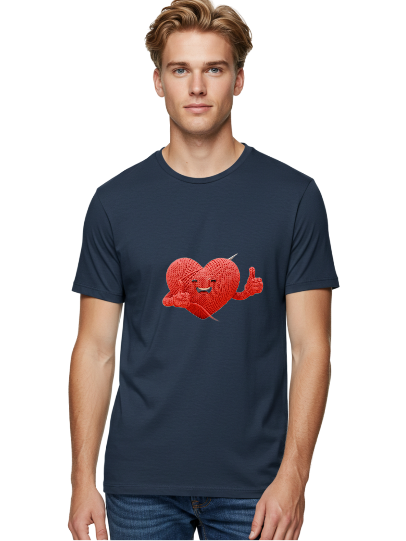 Yarn-Heart Men'S Graphic Tee, 100% Cotton, Comfortable Casual Summer Wear, Machine Washable, Knitted Heart, Cartoon Character, Knitting Yarn, Knitting Needles, Smiling Face, Thumbs Up, Happy Emotion, Creative Design, Quirky Illustration, Bae329