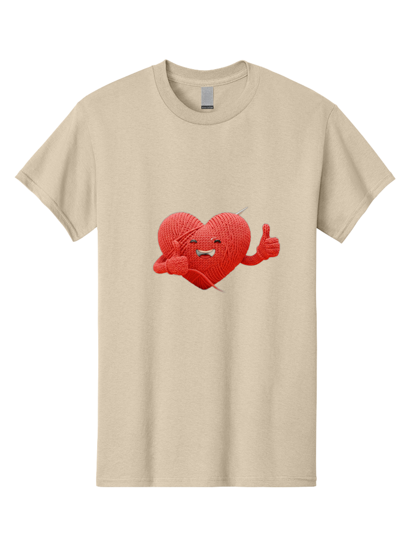 Yarn-Heart Men'S Graphic Tee, 100% Cotton, Comfortable Casual Summer Wear, Machine Washable, Knitted Heart, Cartoon Character, Knitting Yarn, Knitting Needles, Smiling Face, Thumbs Up, Happy Emotion, Creative Design, Quirky Illustration, Bae329