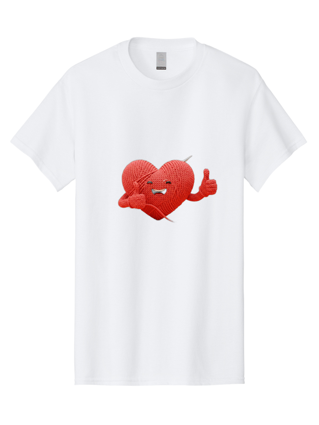 Yarn-Heart Men'S Graphic Tee, 100% Cotton, Comfortable Casual Summer Wear, Machine Washable, Knitted Heart, Cartoon Character, Knitting Yarn, Knitting Needles, Smiling Face, Thumbs Up, Happy Emotion, Creative Design, Quirky Illustration, Bae329