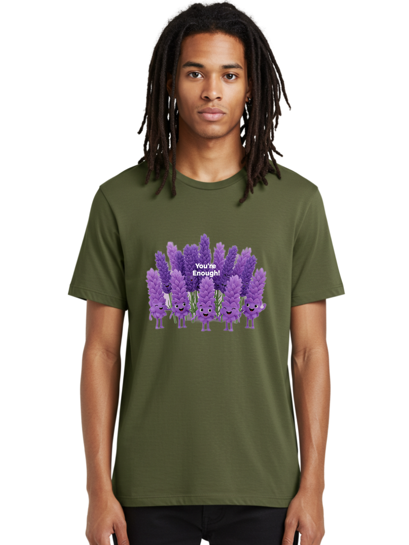 You-Re-Enough-Lavender Men'S Graphic Tee, 100% Cotton, Comfortable Casual Summer Wear, Machine Washable, Lavender Flowers, Happy Cartoon Characters, Purple Blooms, Positive Affirmation, You'Re Enough, Self Love, Mental Wellness, Happy Faces Bae331